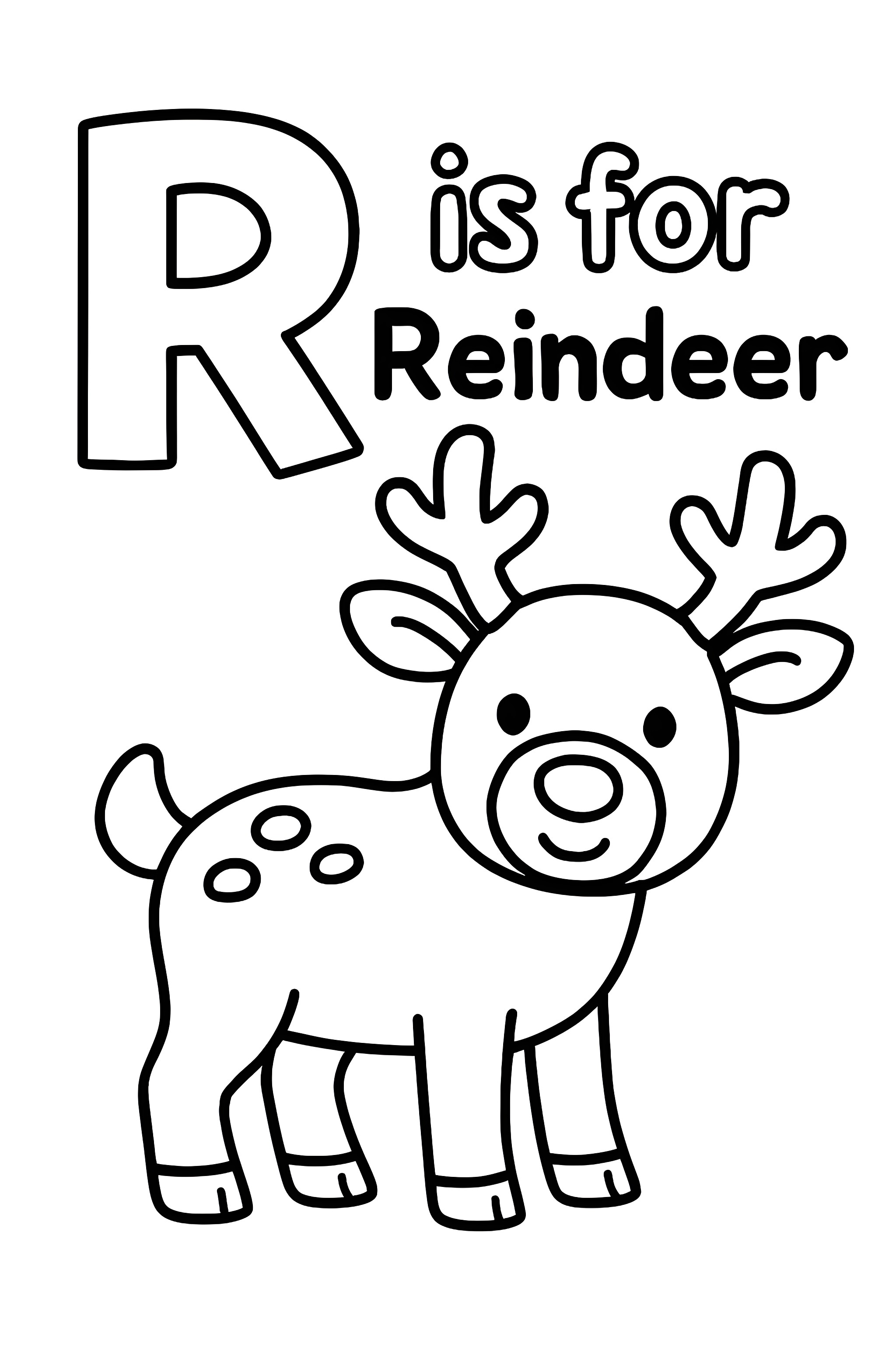 Coloring page featuring a cute reindeer with antlers and spotted fur next to the letter R, designed for educational purposes