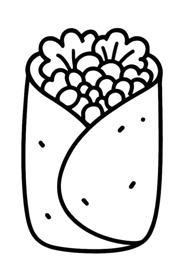 Coloring page of a realistic burrito wrapped in a tortilla, filled with various fresh ingredients like lettuce, beans, and other vegetables