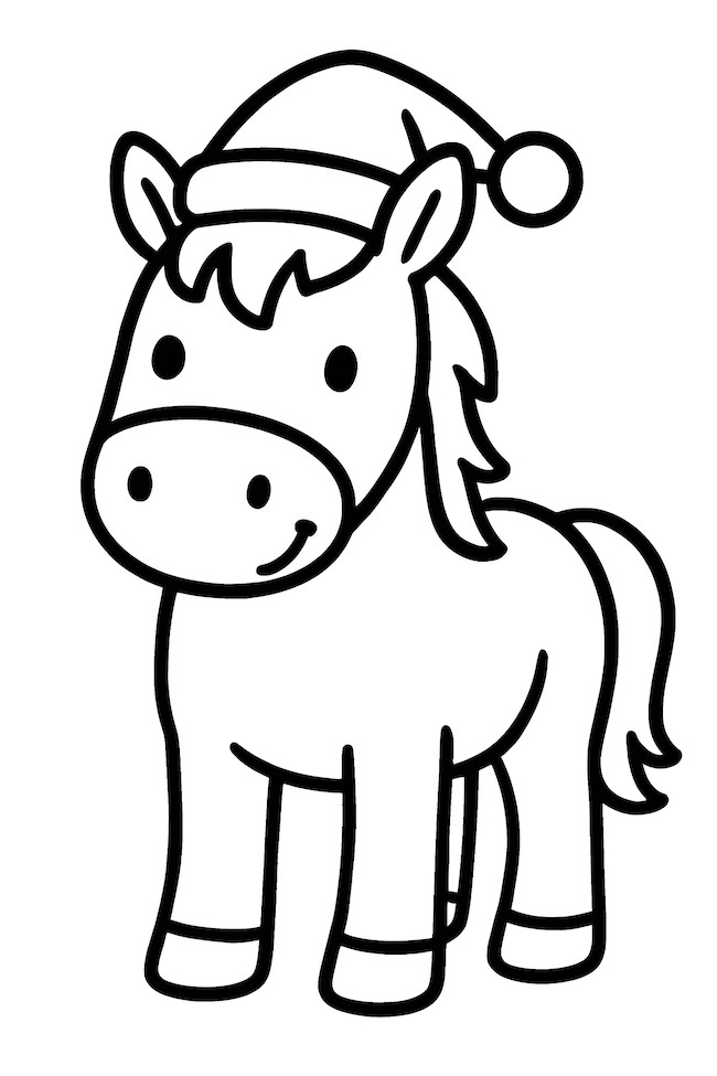 Coloring page of a realistic horse wearing a festive Christmas hat with a pom-pom