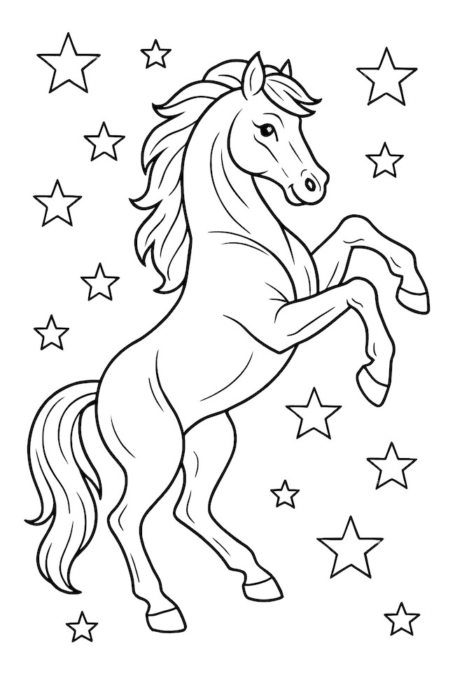 Coloring page of a horse rearing up with stars surrounding it in a festive design