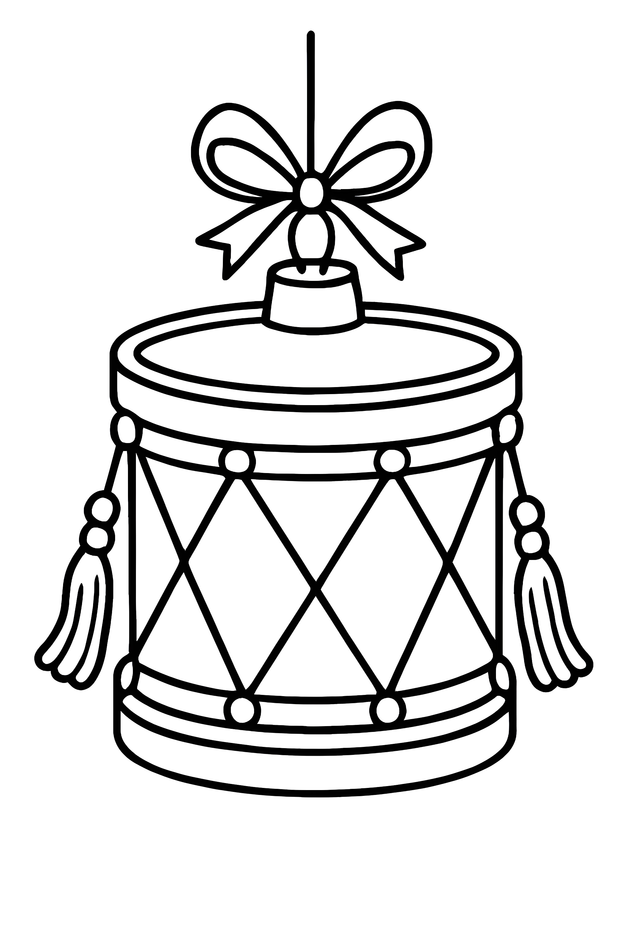 Coloring page of a red and gold ornament shaped like a drum, featuring tassels and a bow on top