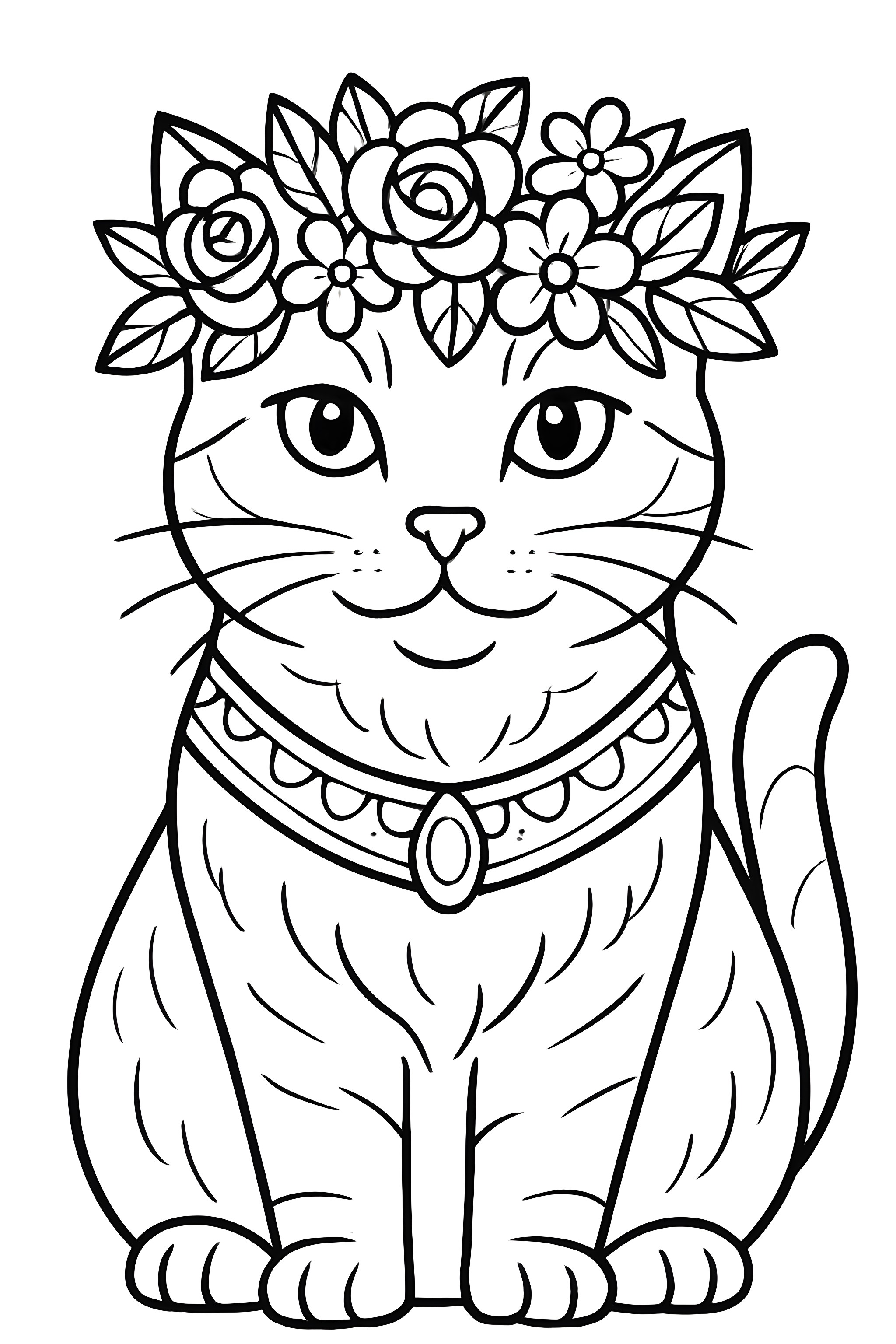 A regal cat adorned with a floral crown and necklace, featuring intricate details and defined fur textures