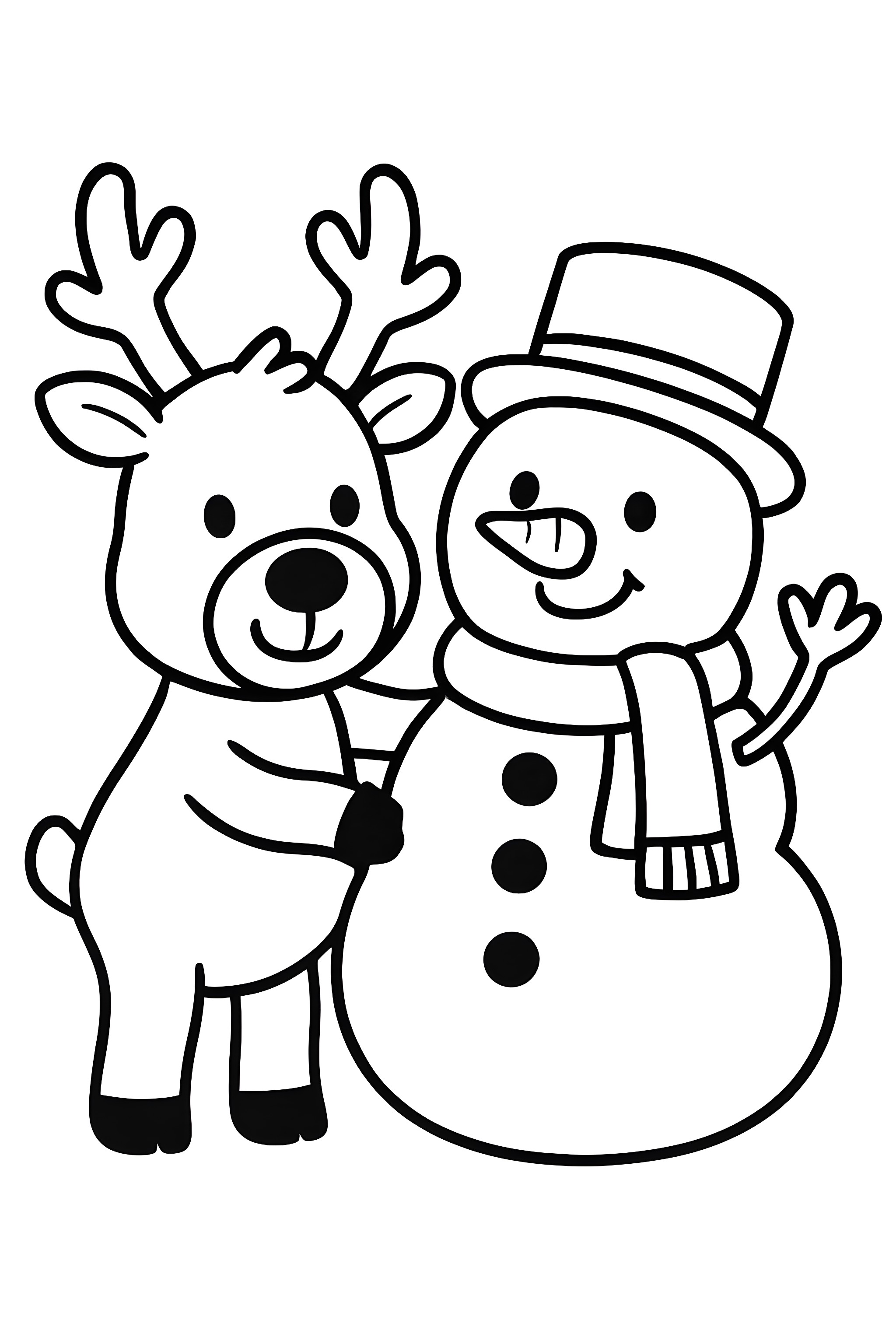 Coloring page of a friendly reindeer with antlers standing beside a snowman wearing a top hat and scarf, both with cheerful expressions