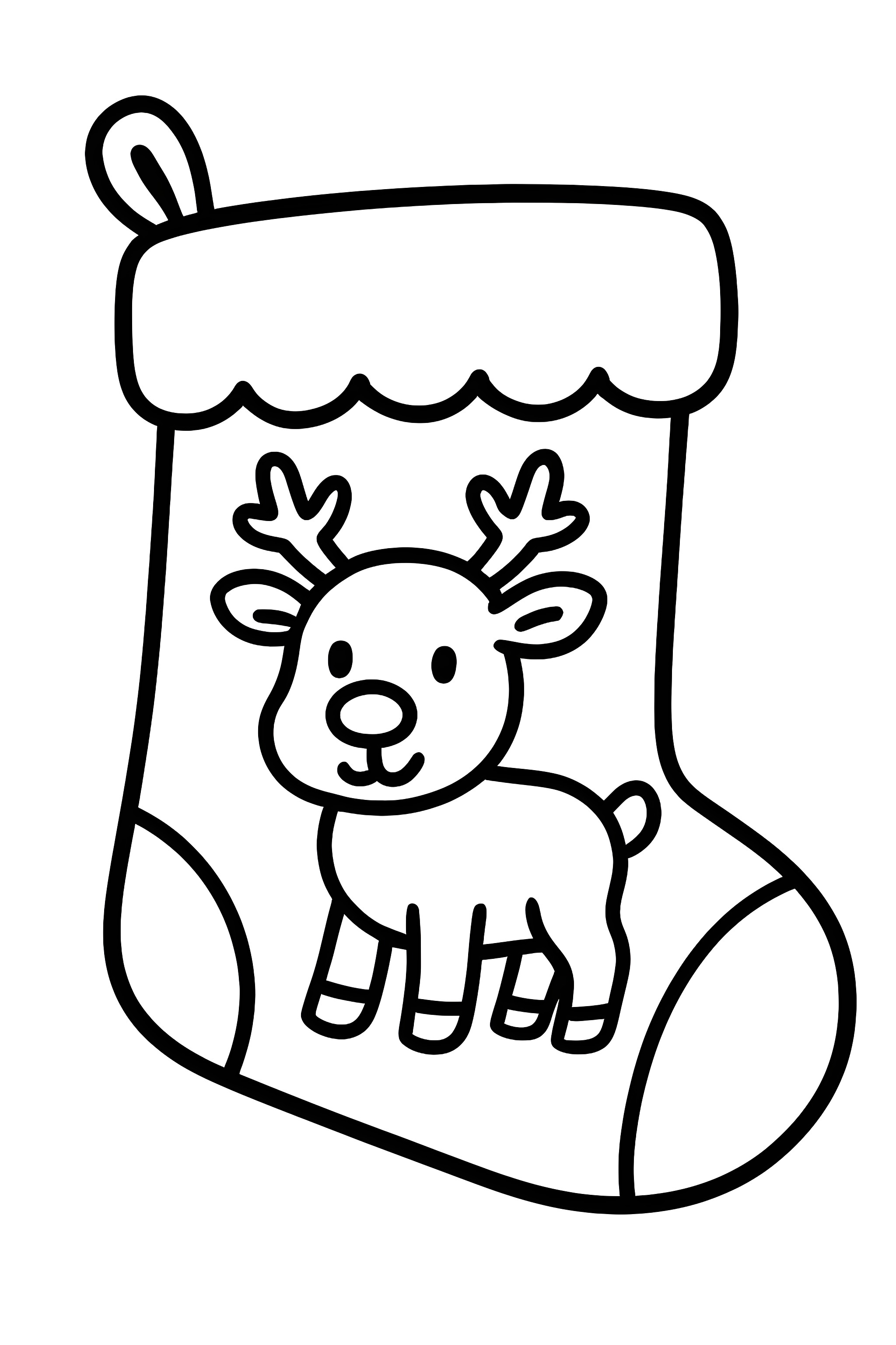 Coloring page featuring a Christmas stocking with a reindeer design on it and decorative scalloped top