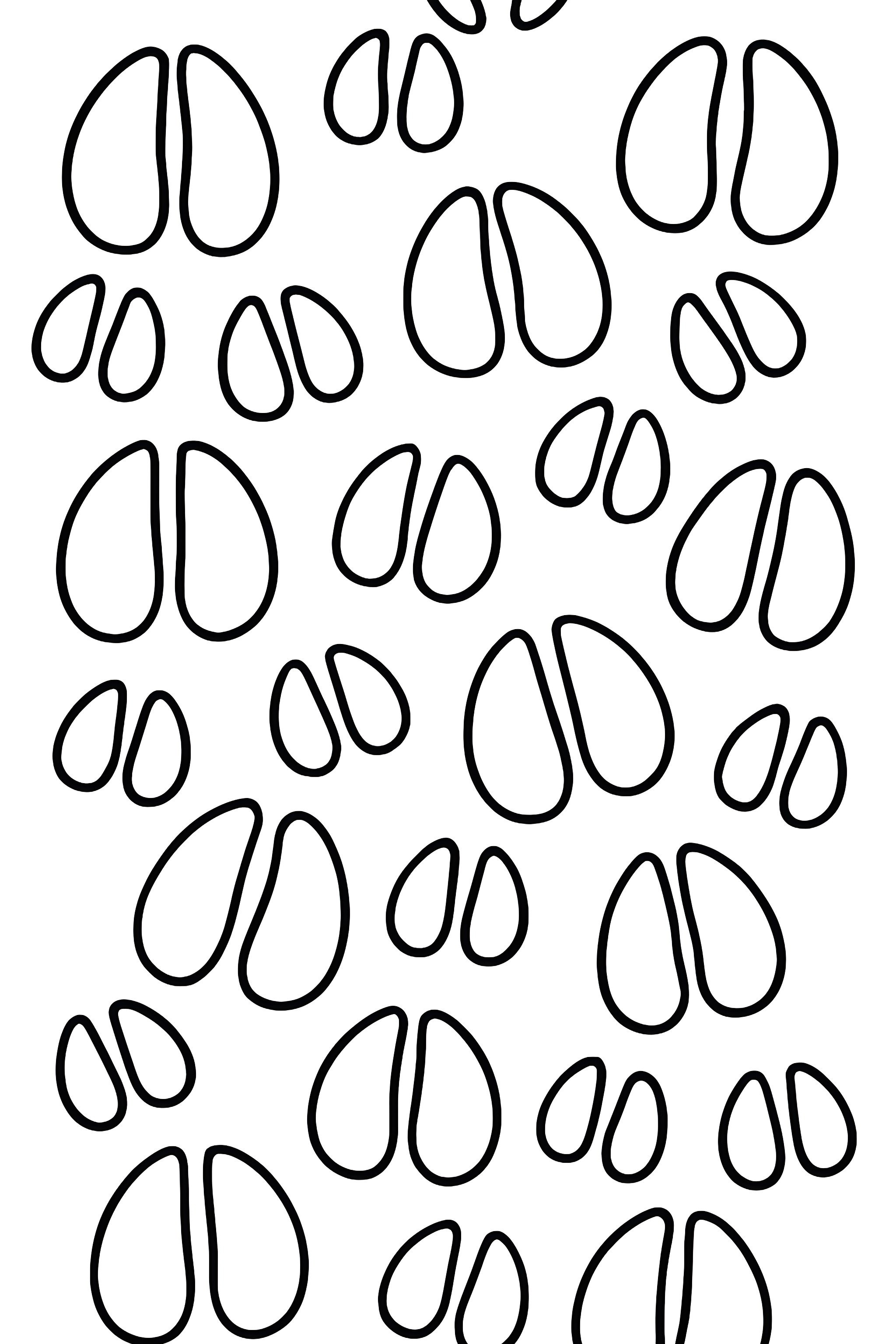 Coloring page depicting reindeer footprints in a repeating pattern with larger and smaller hoof shapes.