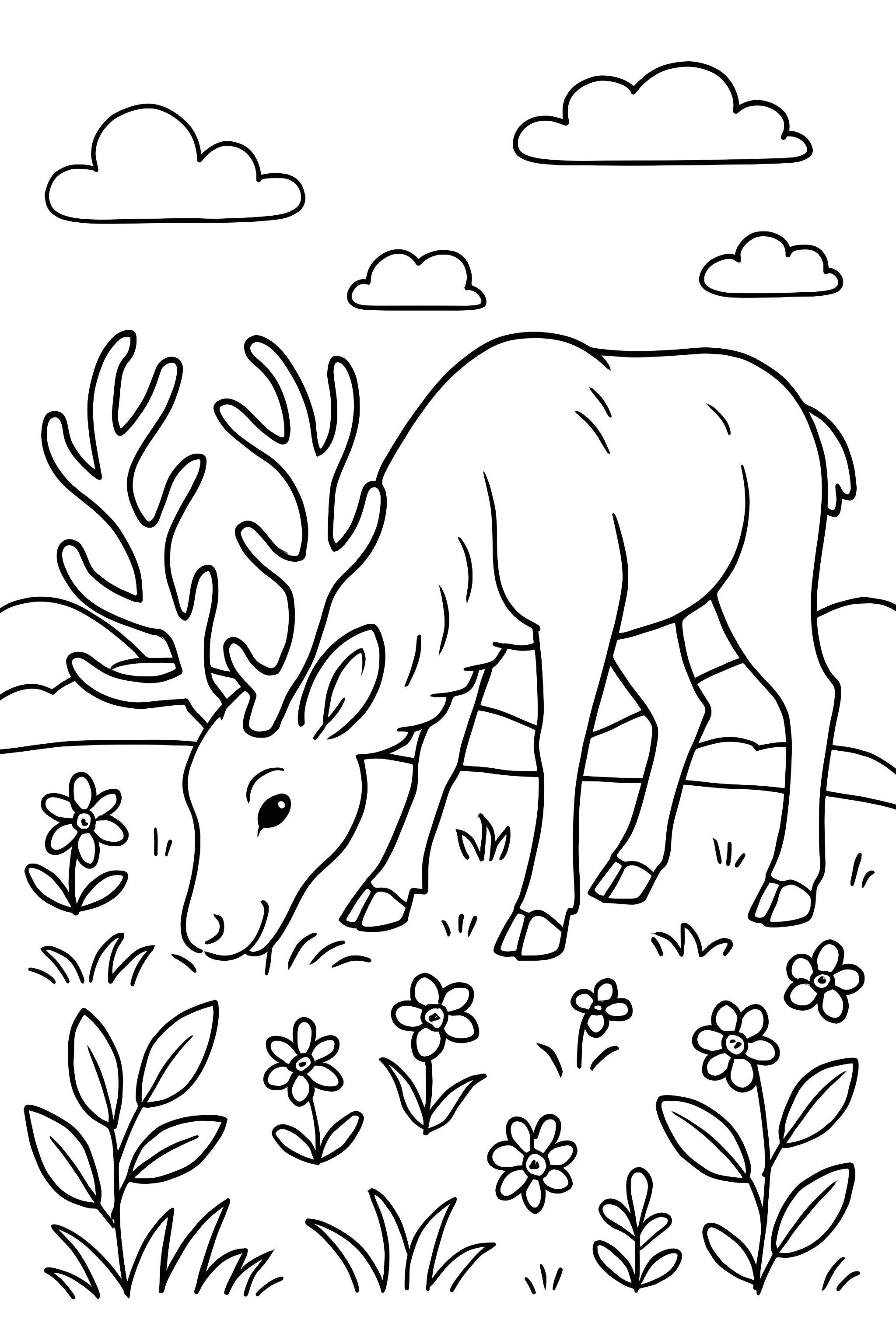 Coloring page featuring a reindeer grazing among flowers in a meadow with clouds and hills in the background