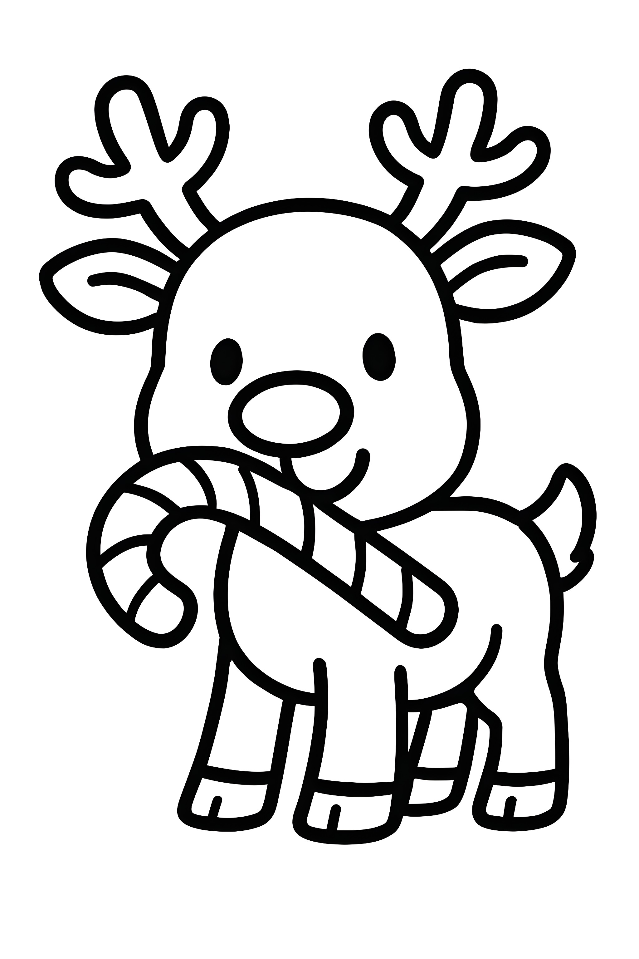 A reindeer holding a candy cane in its mouth with smiling facial expression and antlers