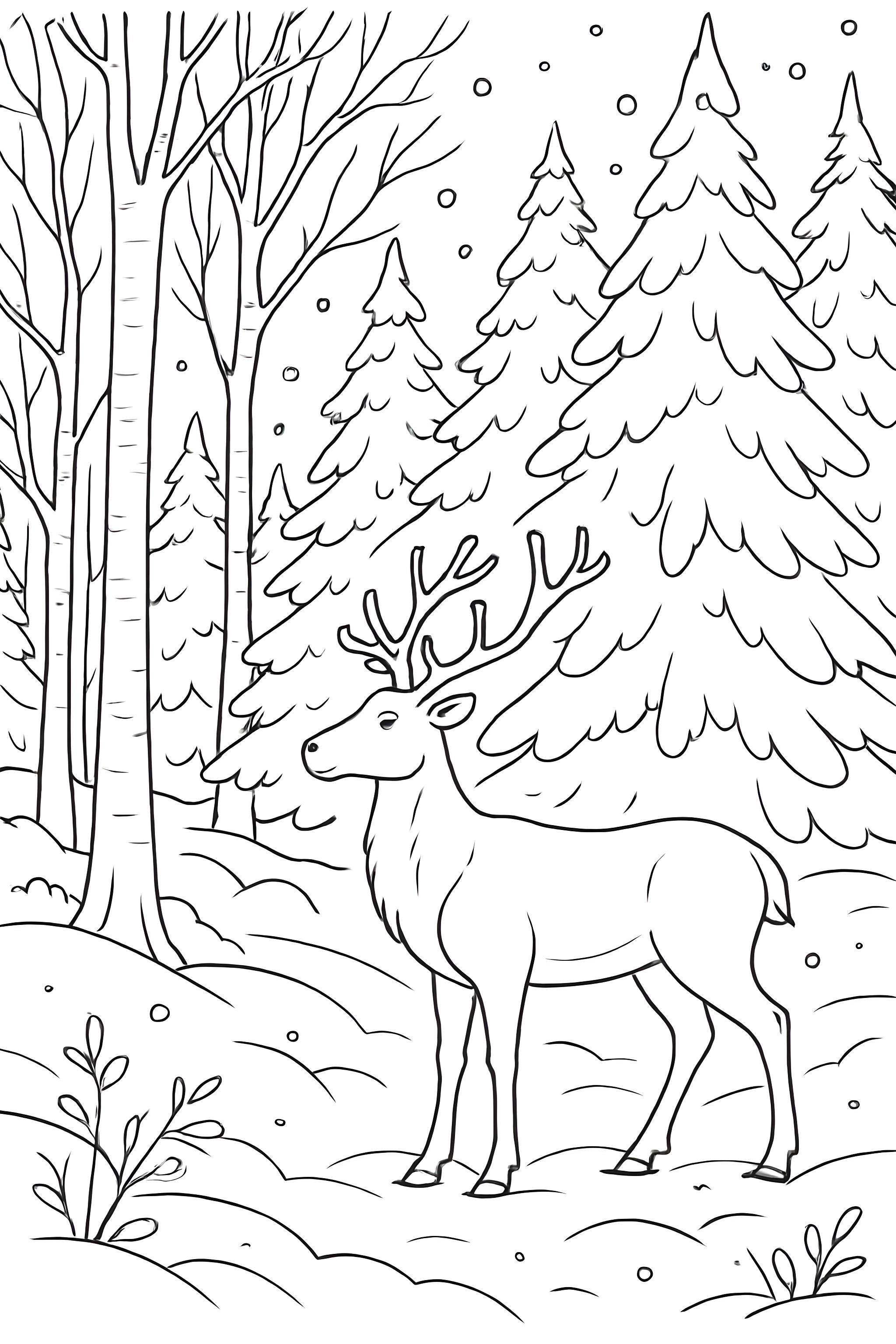 Coloring page featuring a reindeer standing in a snow-covered forest among tall trees and snowy ground
