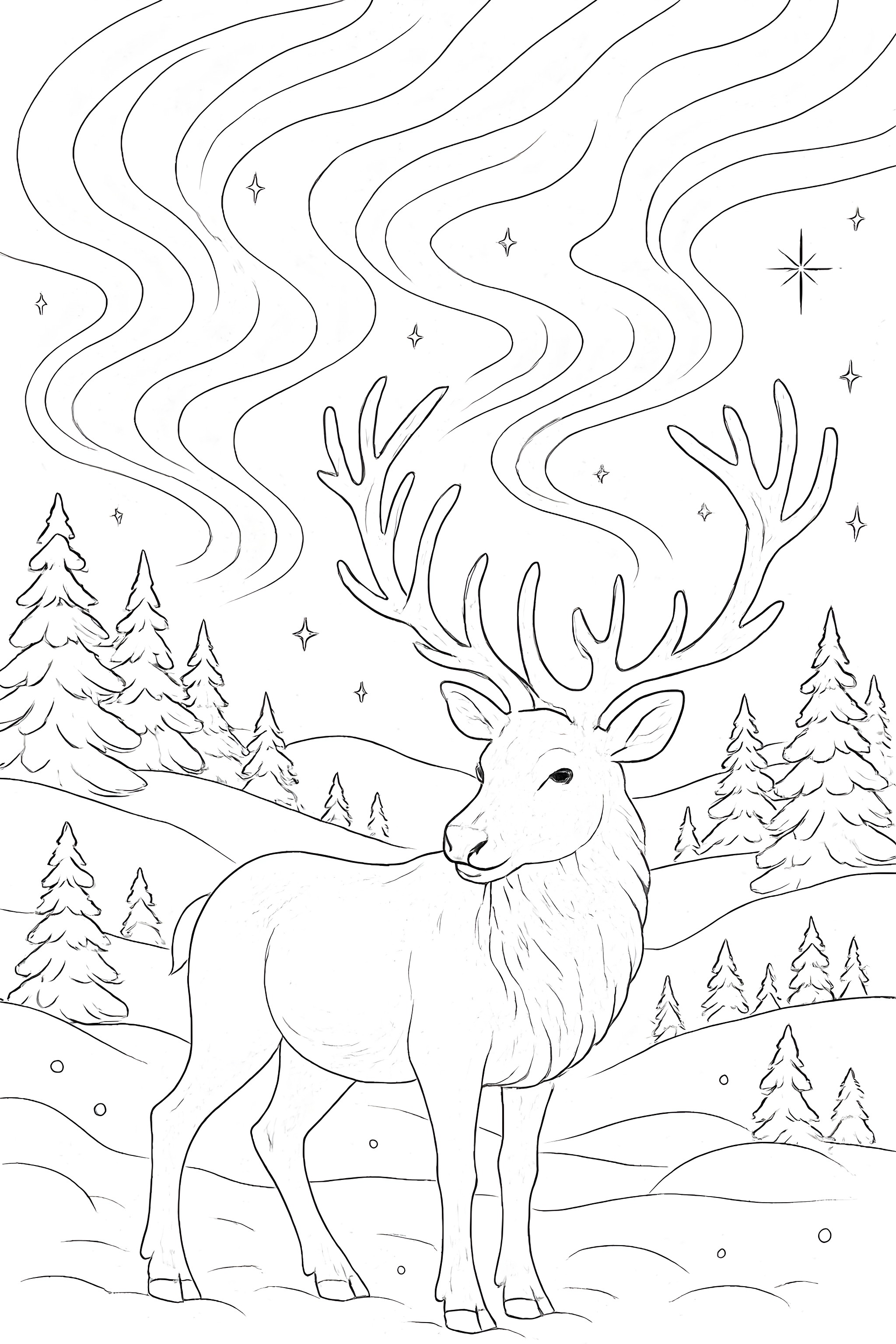 Coloring page featuring a reindeer standing in snowy terrain under a vibrant northern lights sky with evergreen trees in the background
