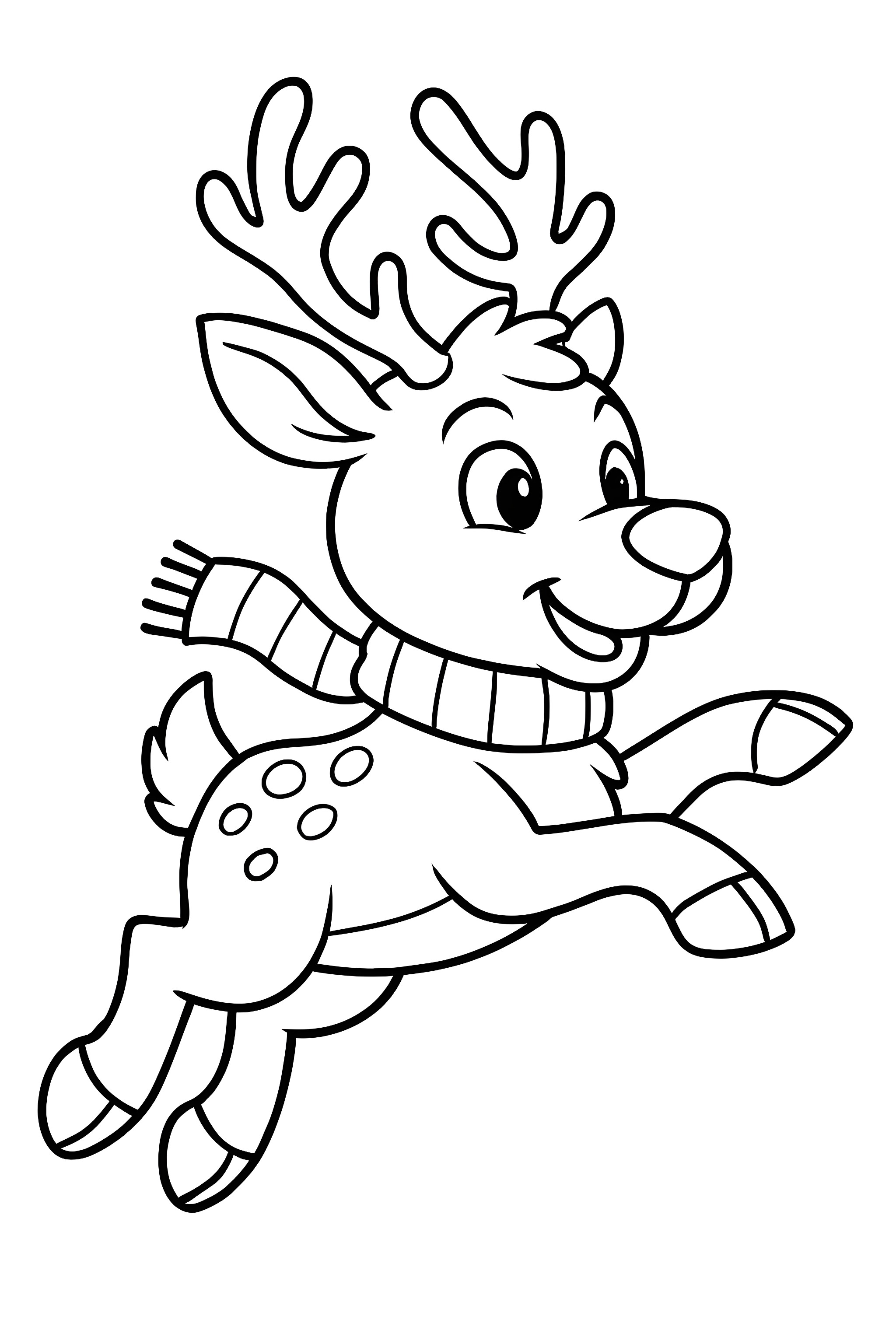 Coloring page of a cheerful reindeer wearing a scarf, jumping joyfully with its hooves raised and antlers visible.