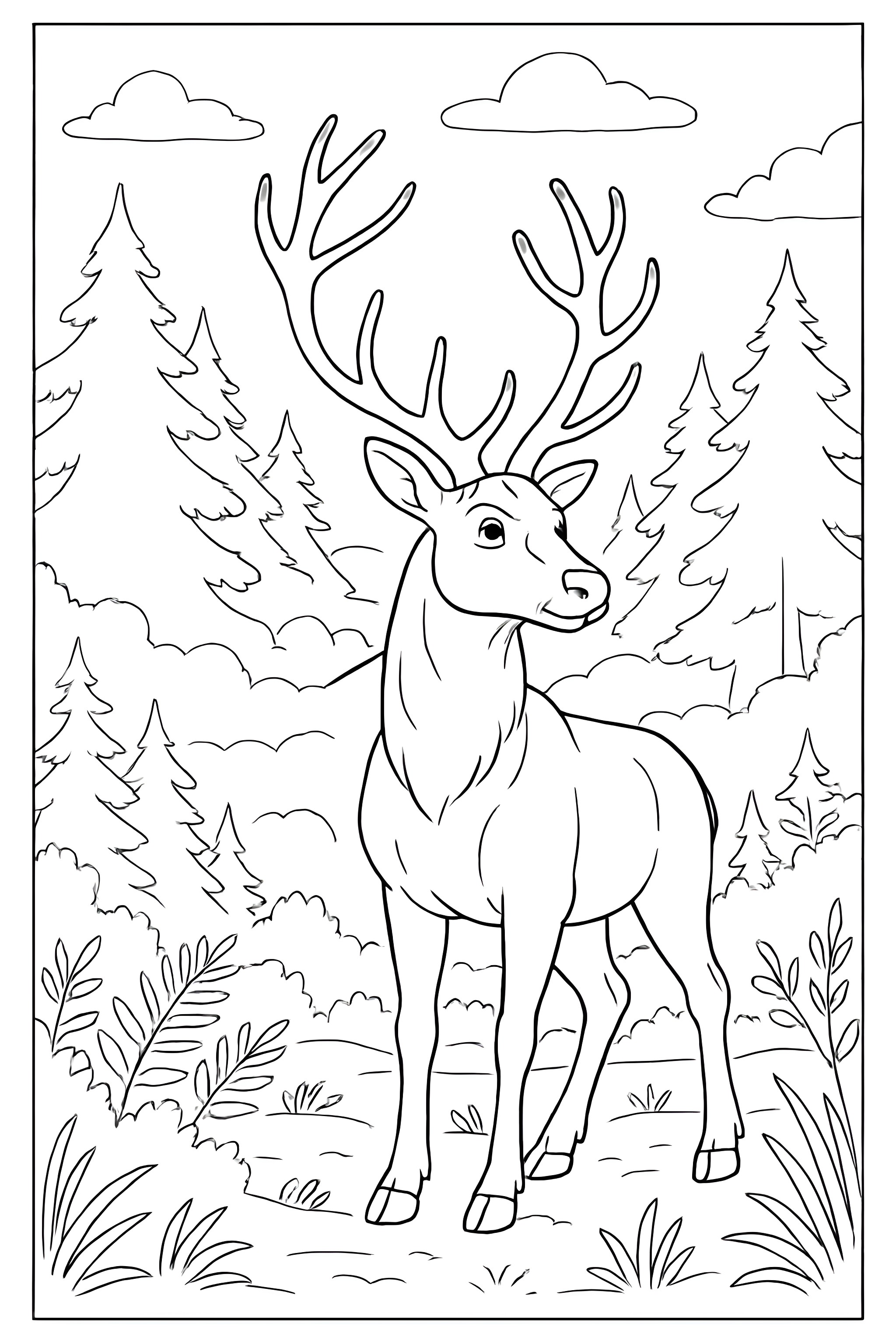 Coloring page of a reindeer standing in a misty forest surrounded by tall trees and foliage