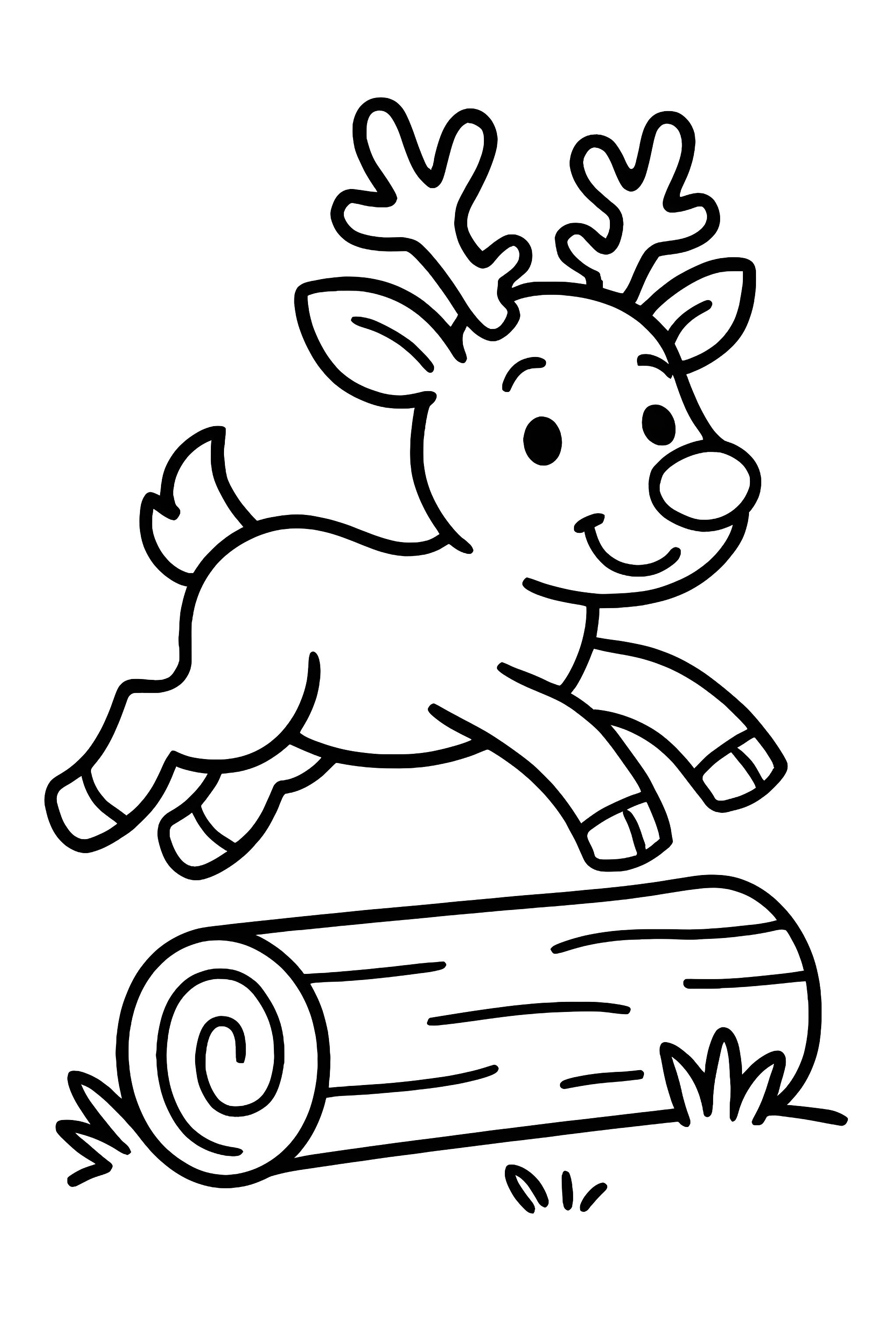 Coloring page featuring a reindeer jumping over a log with grass in the foreground