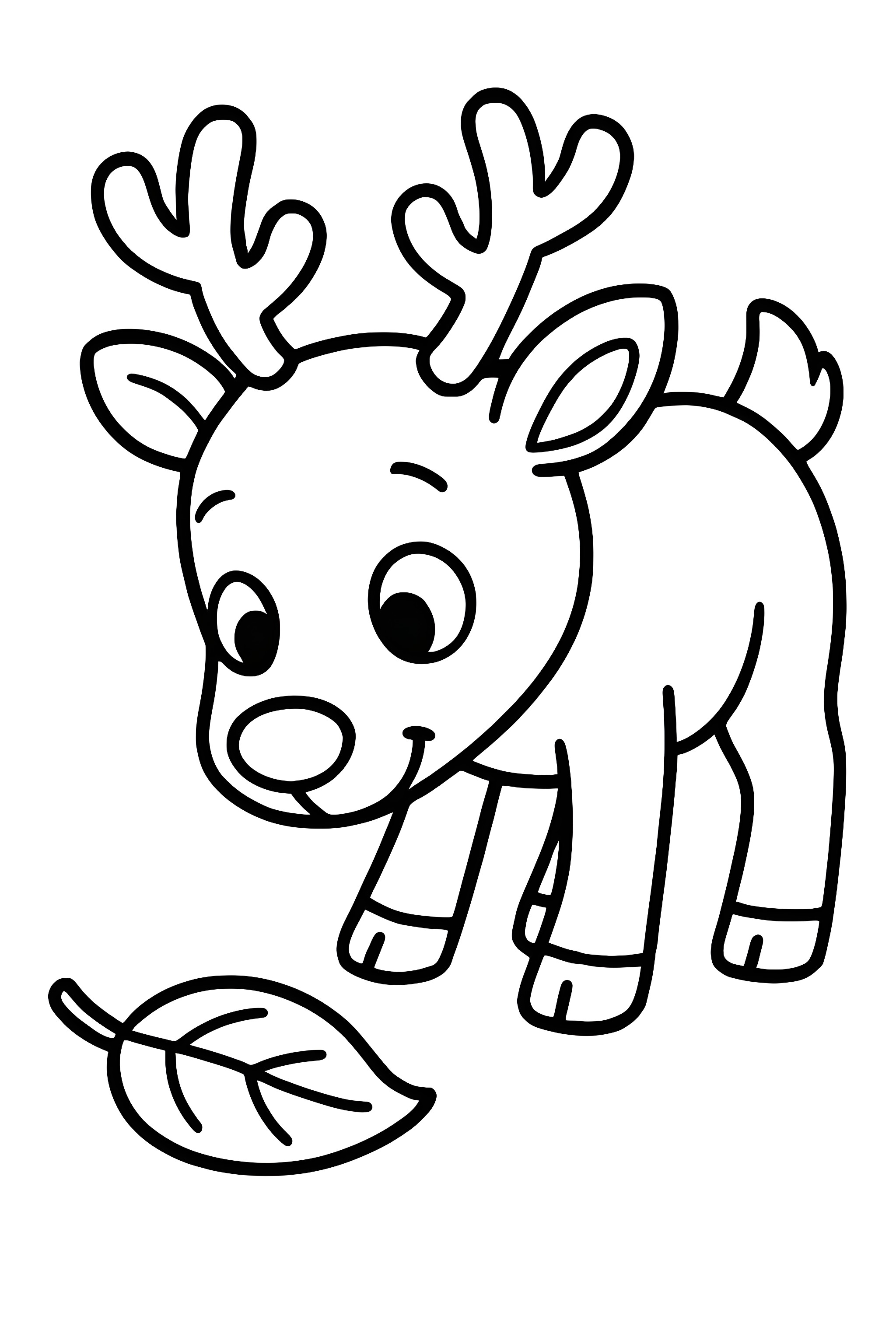 Coloring page of a reindeer curiously inspecting a fallen leaf on the ground