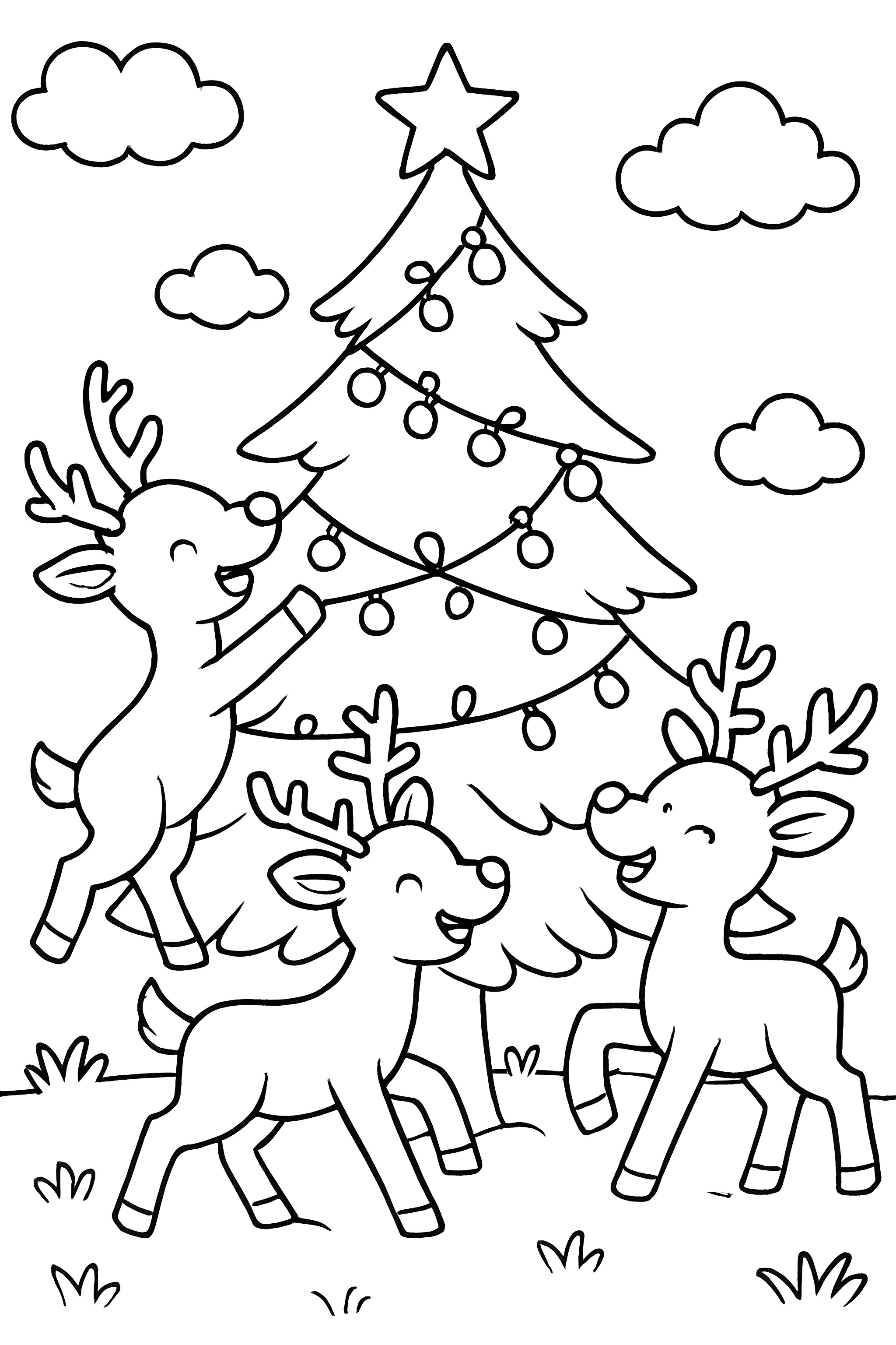 Three reindeer playing around a festive Christmas tree adorned with lights