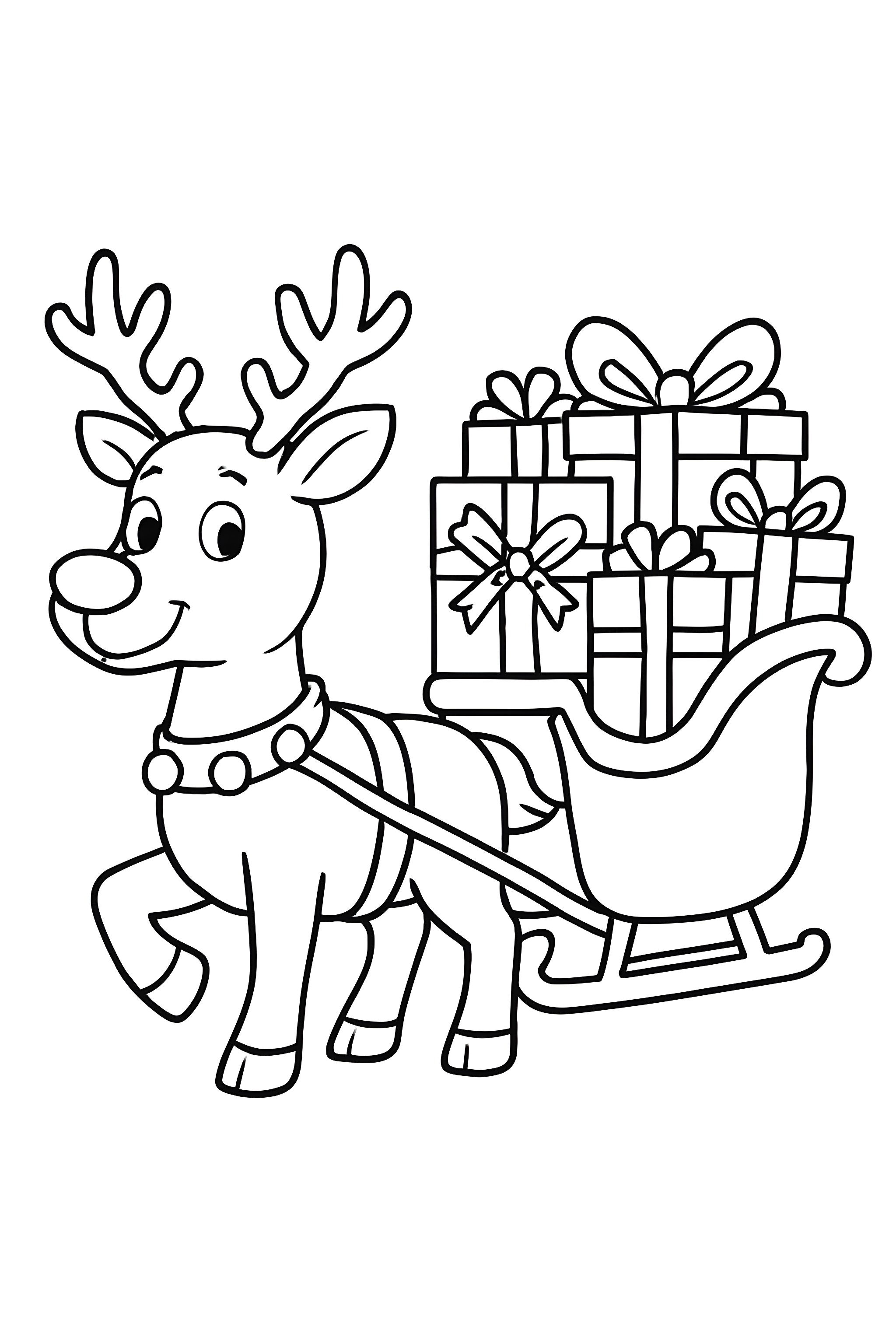 Coloring page of a cheerful reindeer pulling a sleigh filled with stacked presents tied with bows