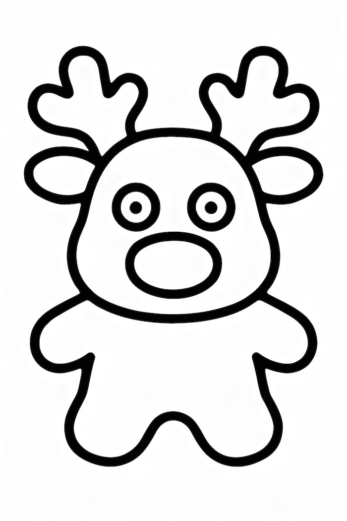 Coloring page of a reindeer-shaped cookie with large eyes and antlers