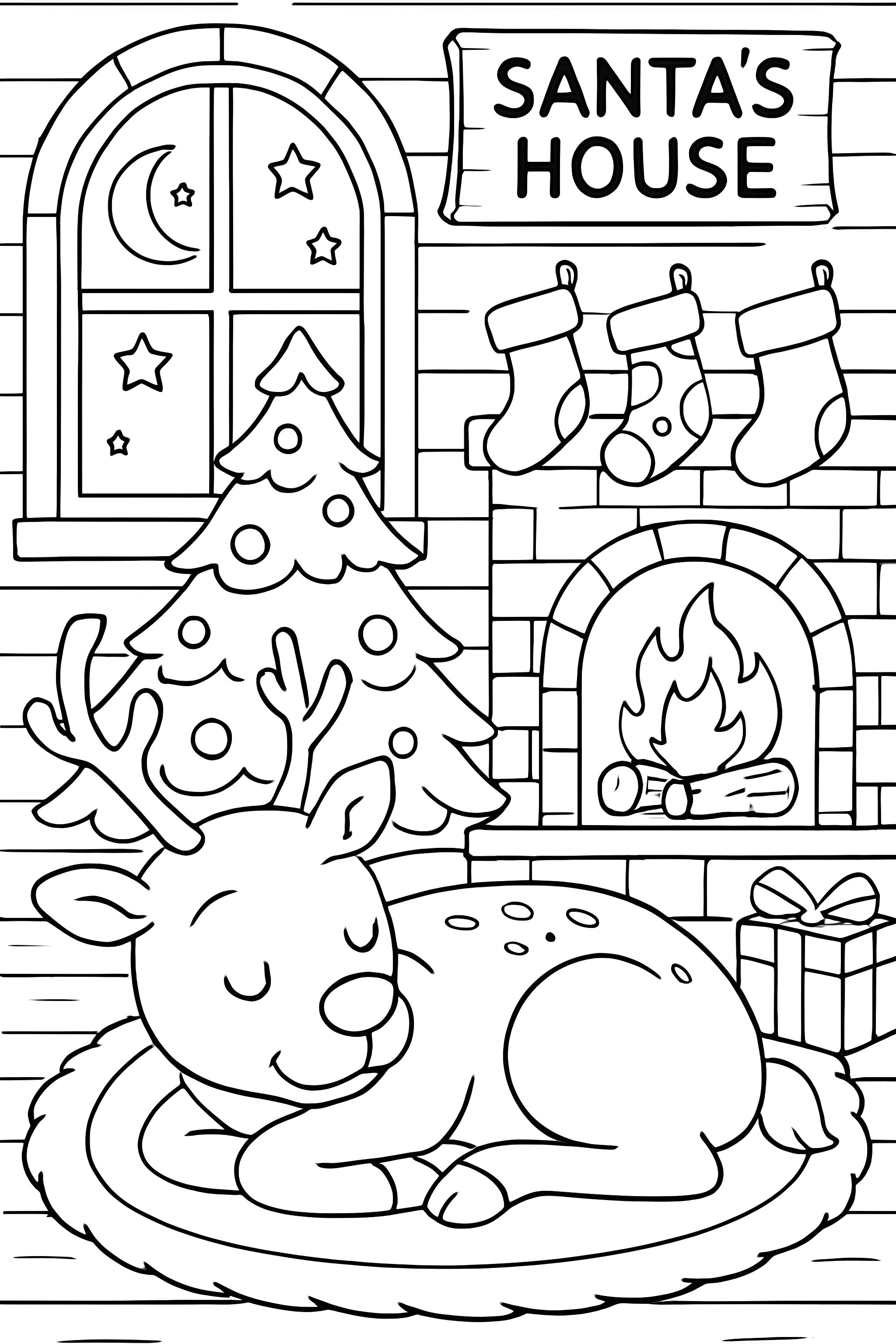 Coloring page featuring a sleeping reindeer inside Santa's house, with a Christmas tree, stockings, and a fireplace