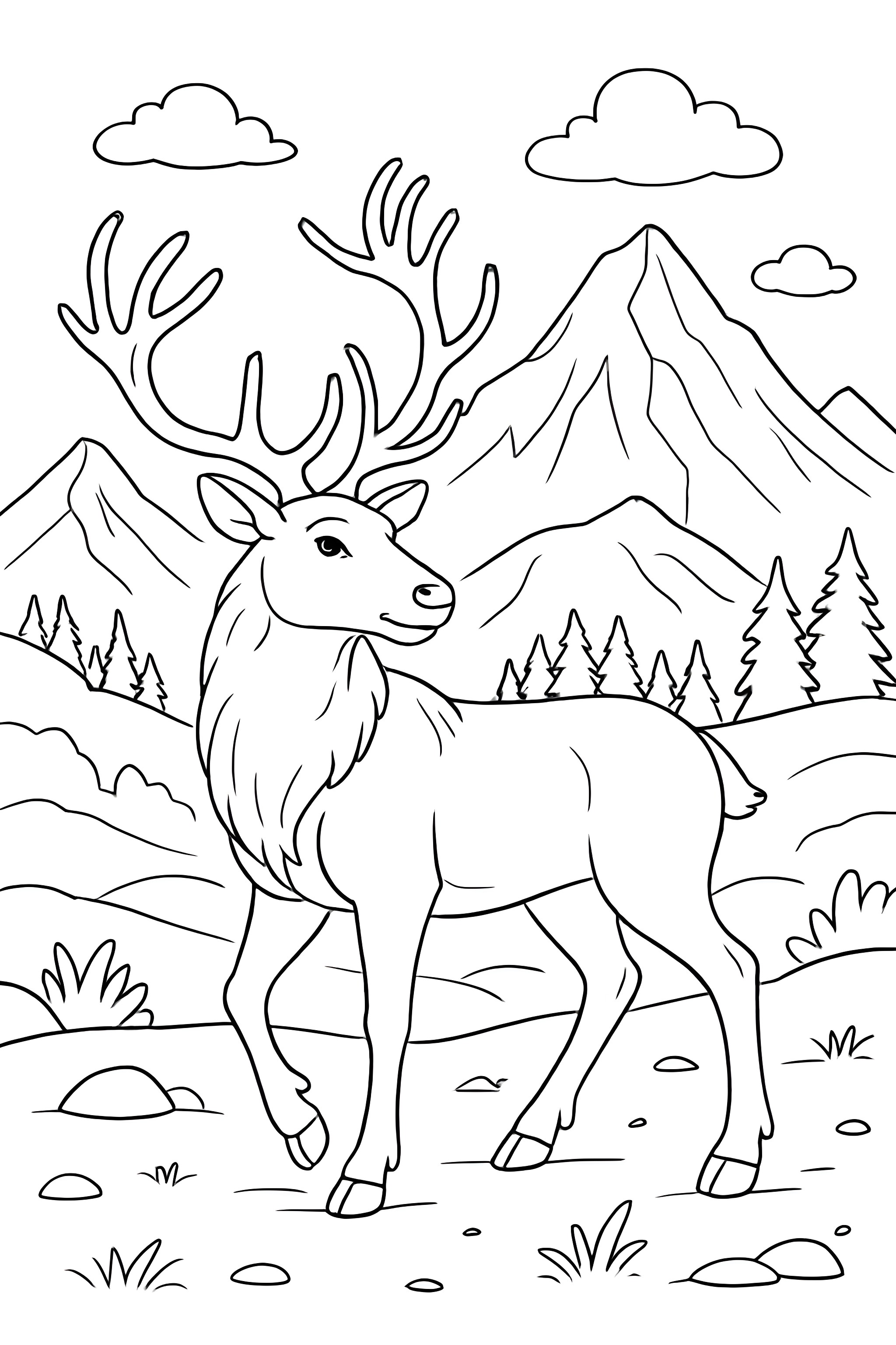 A reindeer with large antlers in a mountainous environment, surrounded by trees and rocks.