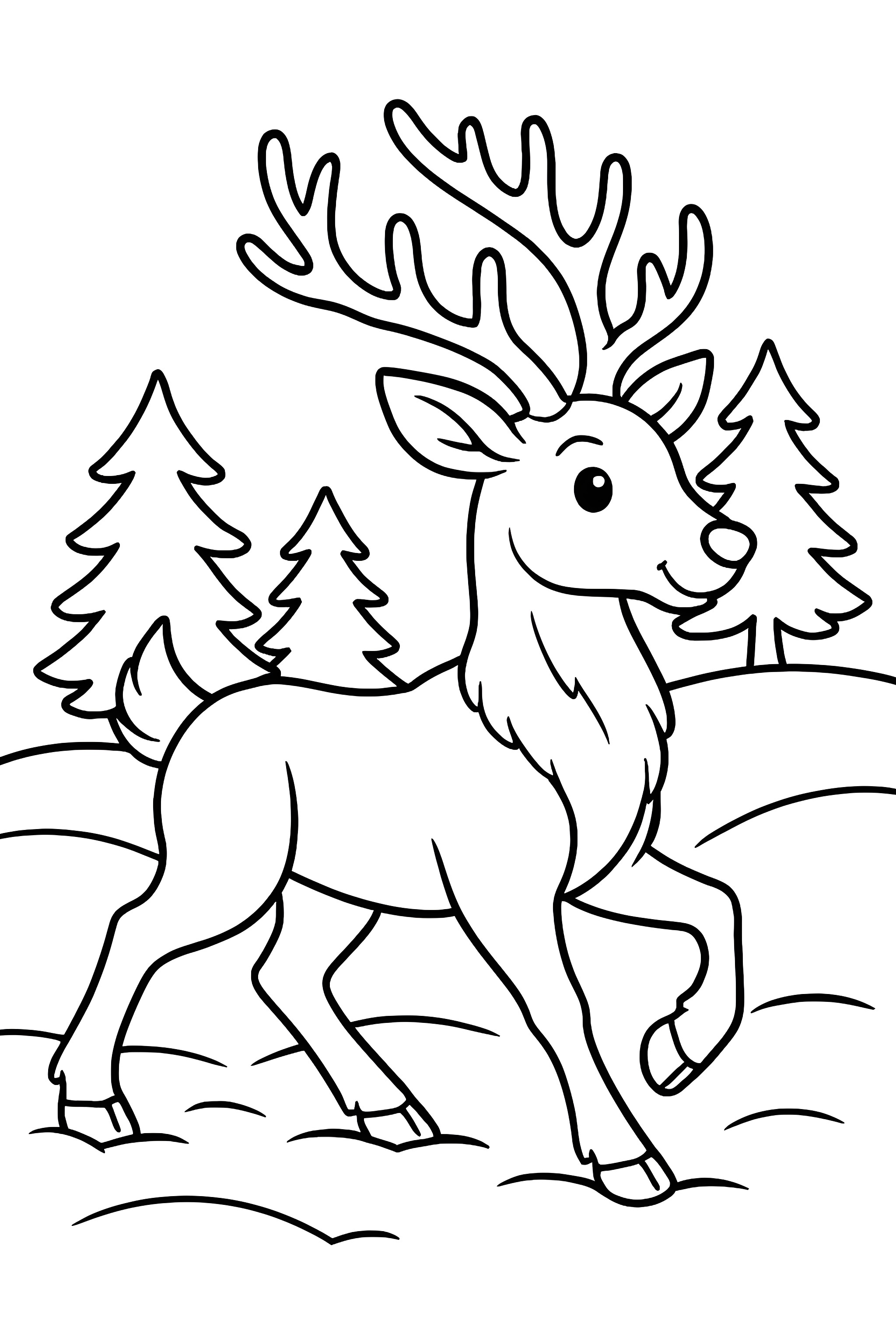 Coloring page of a reindeer trotting across a snowy field with evergreen trees in the background