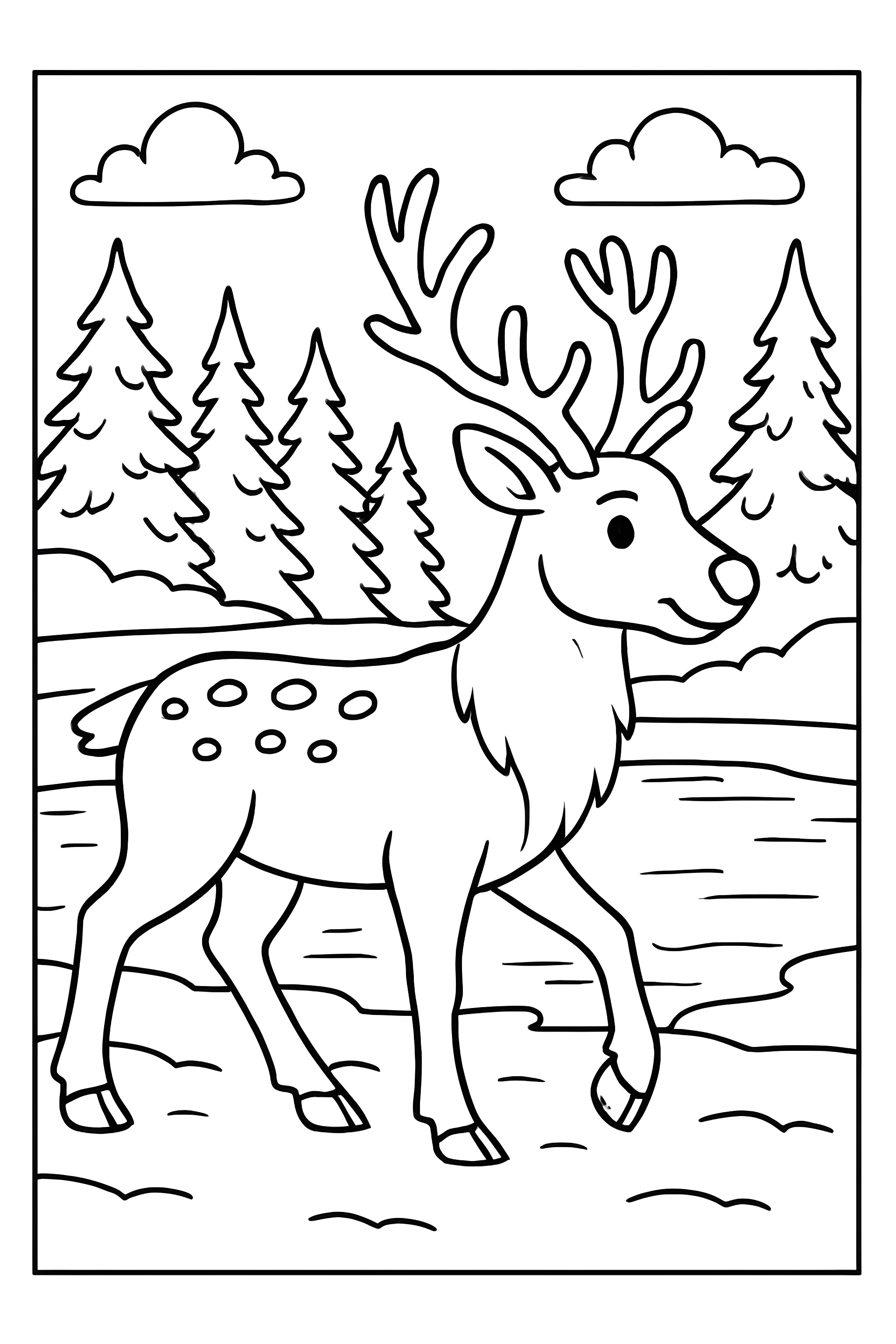 A reindeer walking next to a frozen lake with trees and clouds in the background