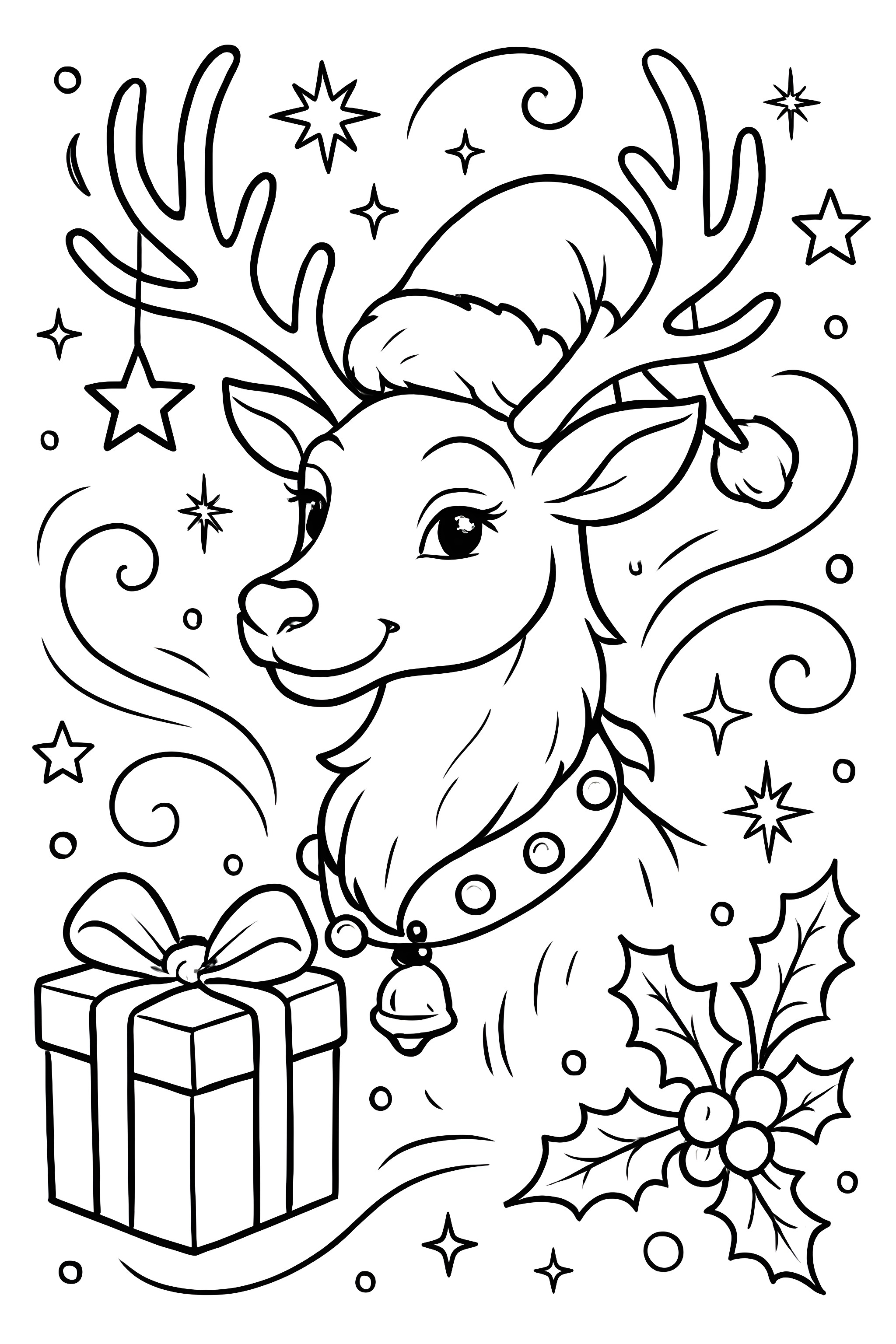 Coloring page featuring a reindeer wearing a Santa hat, adorned with a collar and bells, surrounded by swirling decorations, holly leaves, and a gift box with a bow.