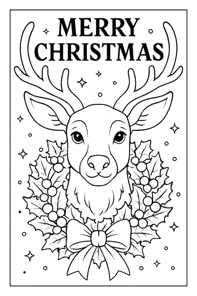 Coloring page featuring a reindeer adorned with a festive Christmas wreath and the text 'Merry Christmas' above