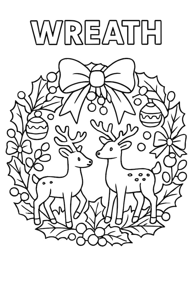 Coloring page featuring a wreath adorned with two reindeer, a bow, and decorative ornaments