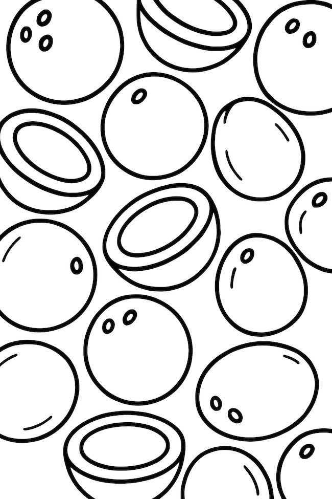 Line art coloring page featuring a repeated pattern of coconuts in various sizes and orientations