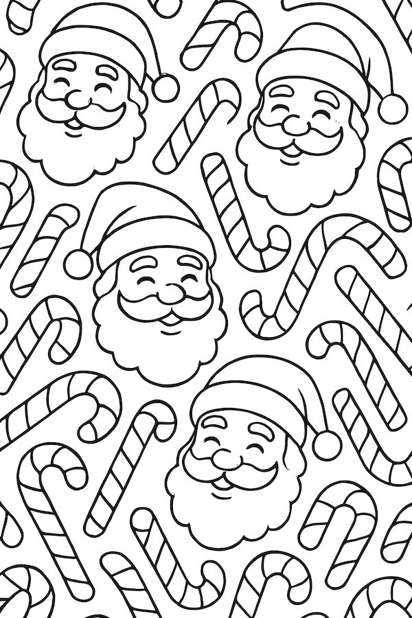 Pattern featuring smiling Santa faces and striped candy canes in a repeating design
