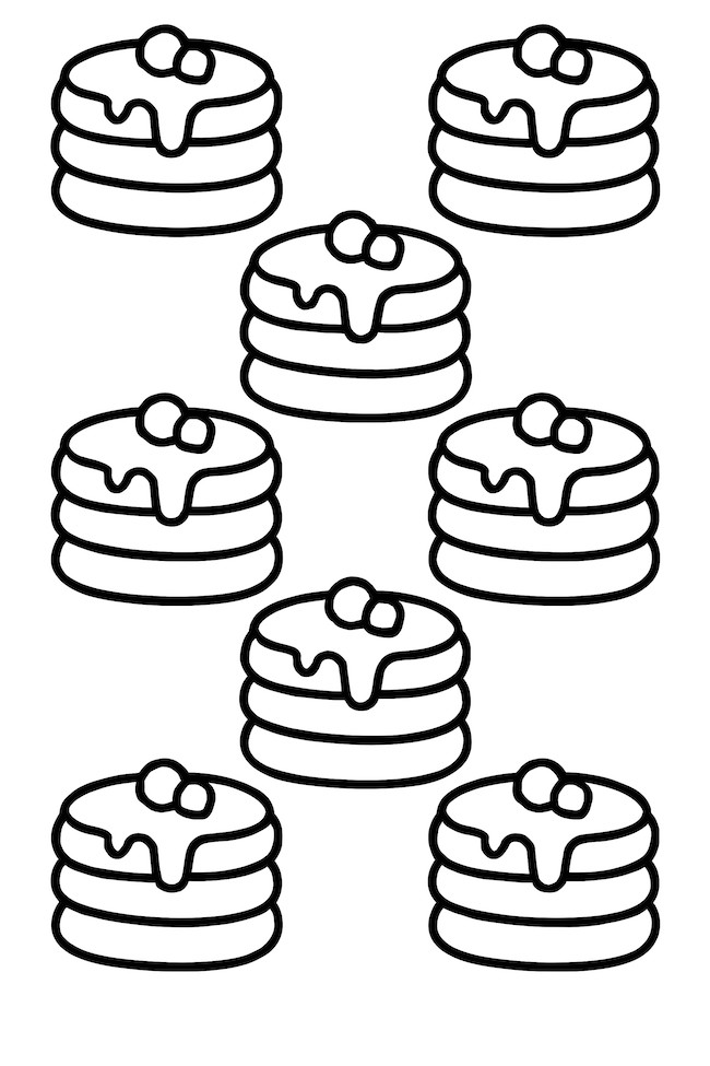 Coloring page featuring multiple stacks of pancakes, each topped with syrup and cherries