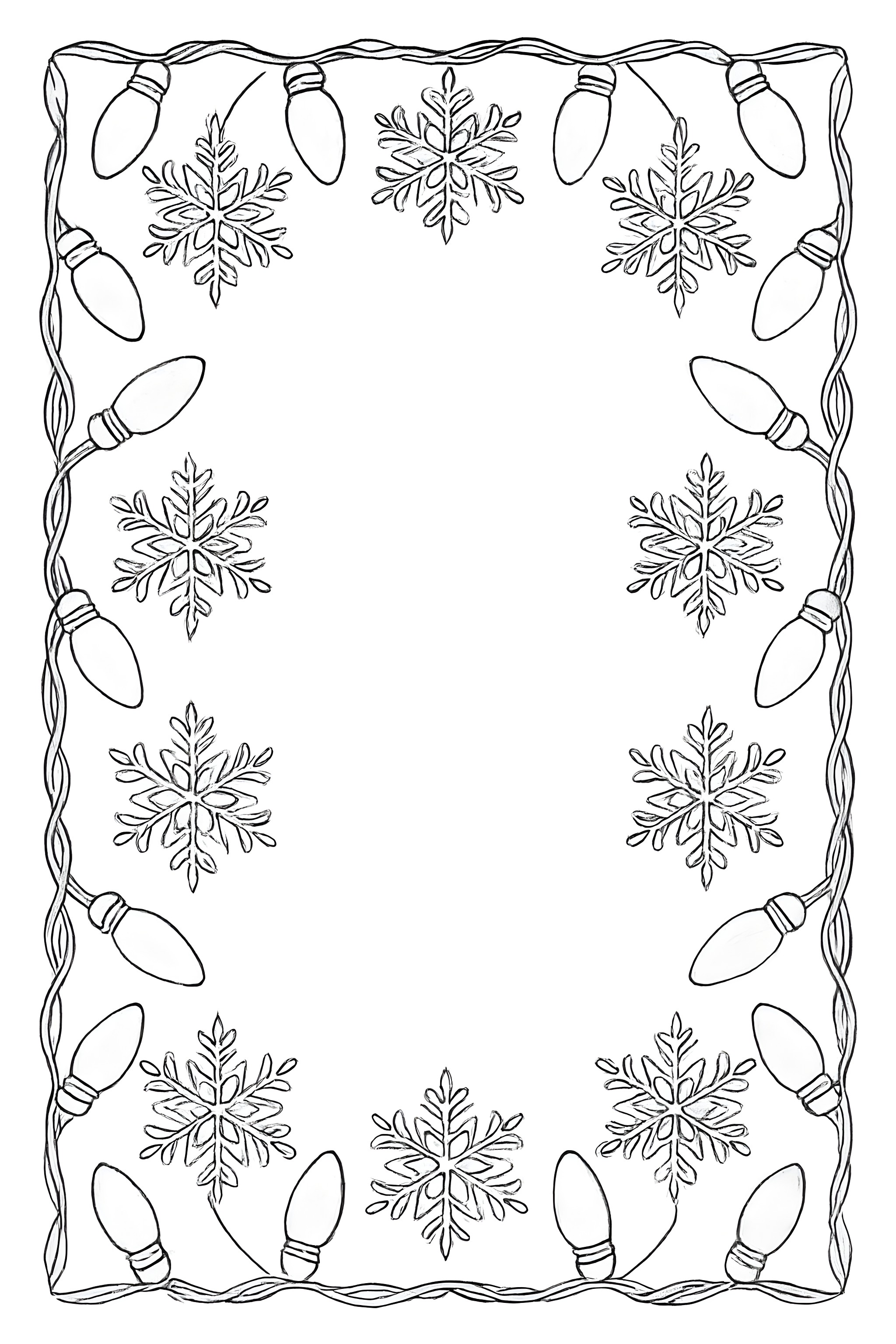 An ornate border made of Christmas lights and snowflakes