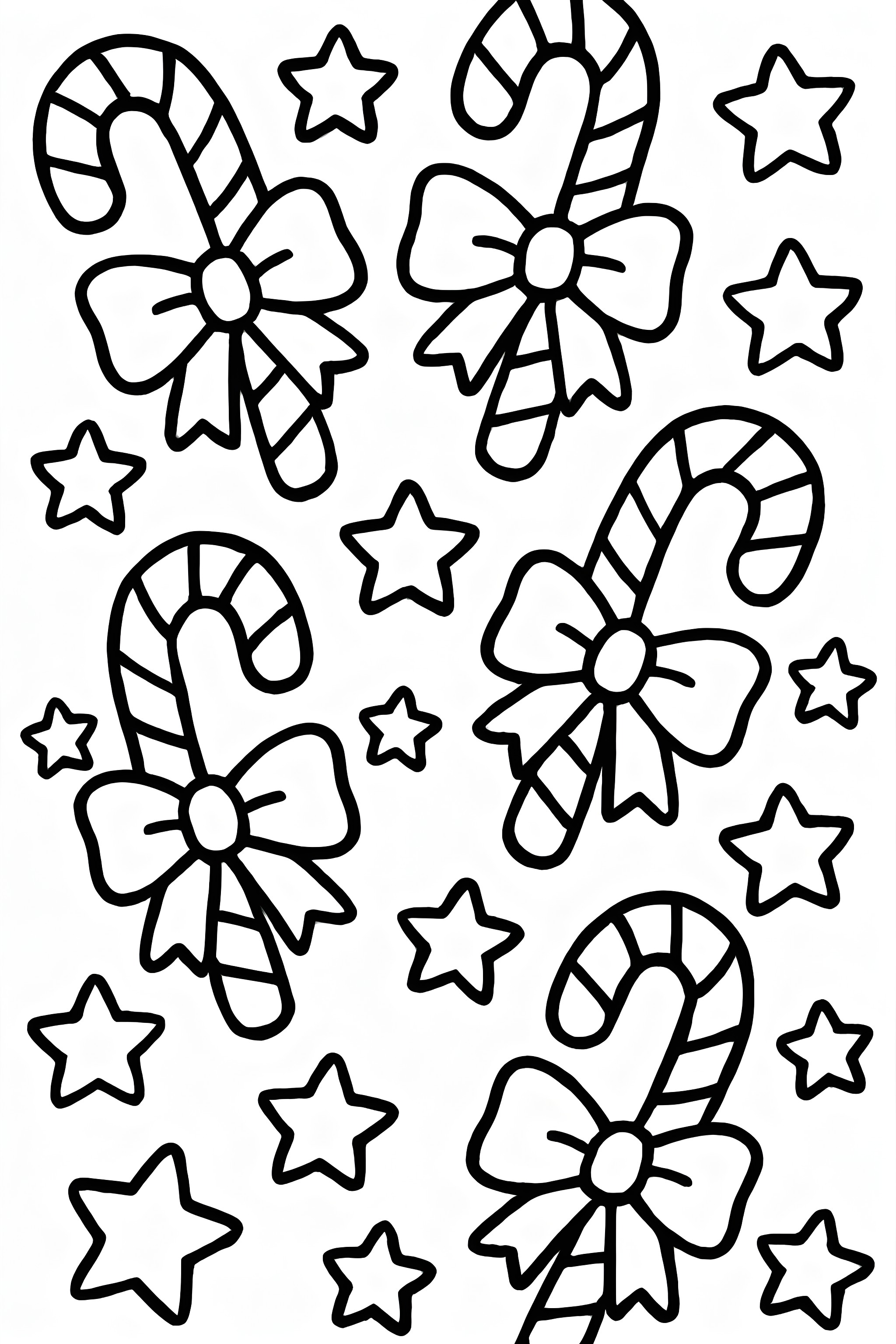 Coloring page featuring a repeating pattern of candy cane bows and stars arranged across the page