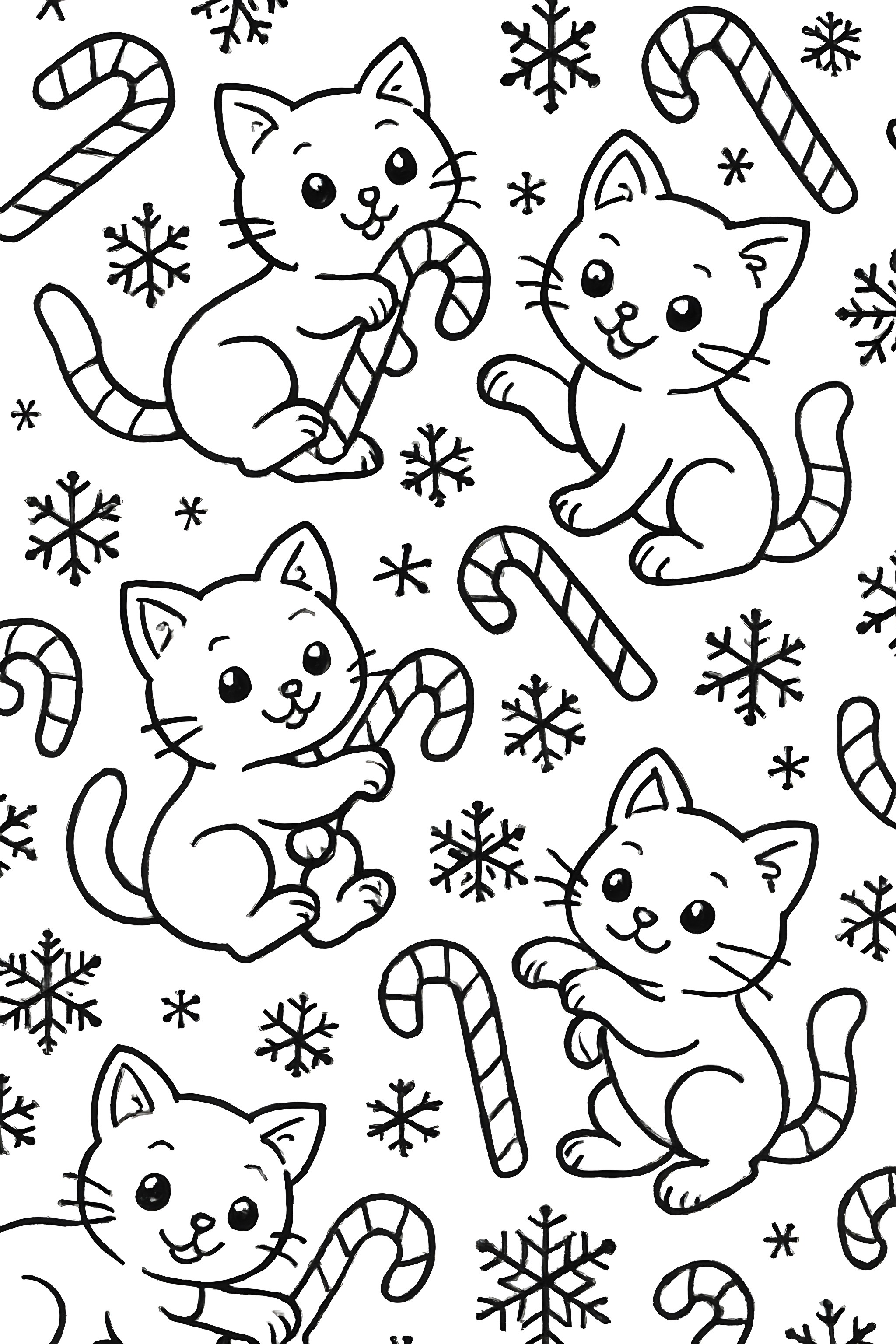 Coloring page featuring playful kittens interacting with candy canes and surrounded by snowflakes