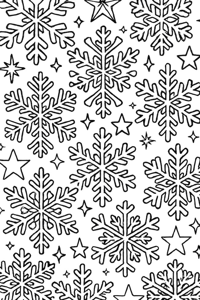 Coloring page featuring a continuous pattern of snowflakes and stars in various sizes and designs