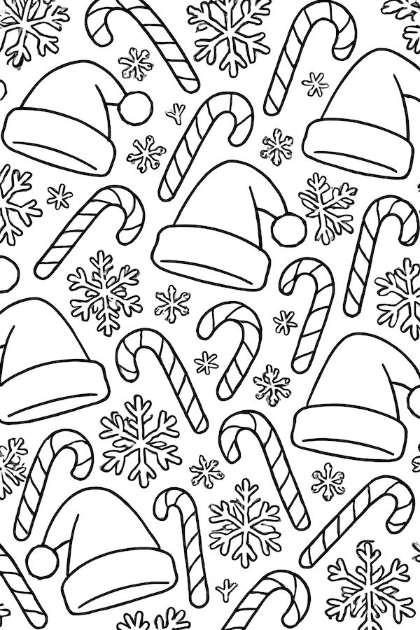 Coloring page featuring a pattern of Santa hats, snowflakes, and candy canes arranged in a repeating design
