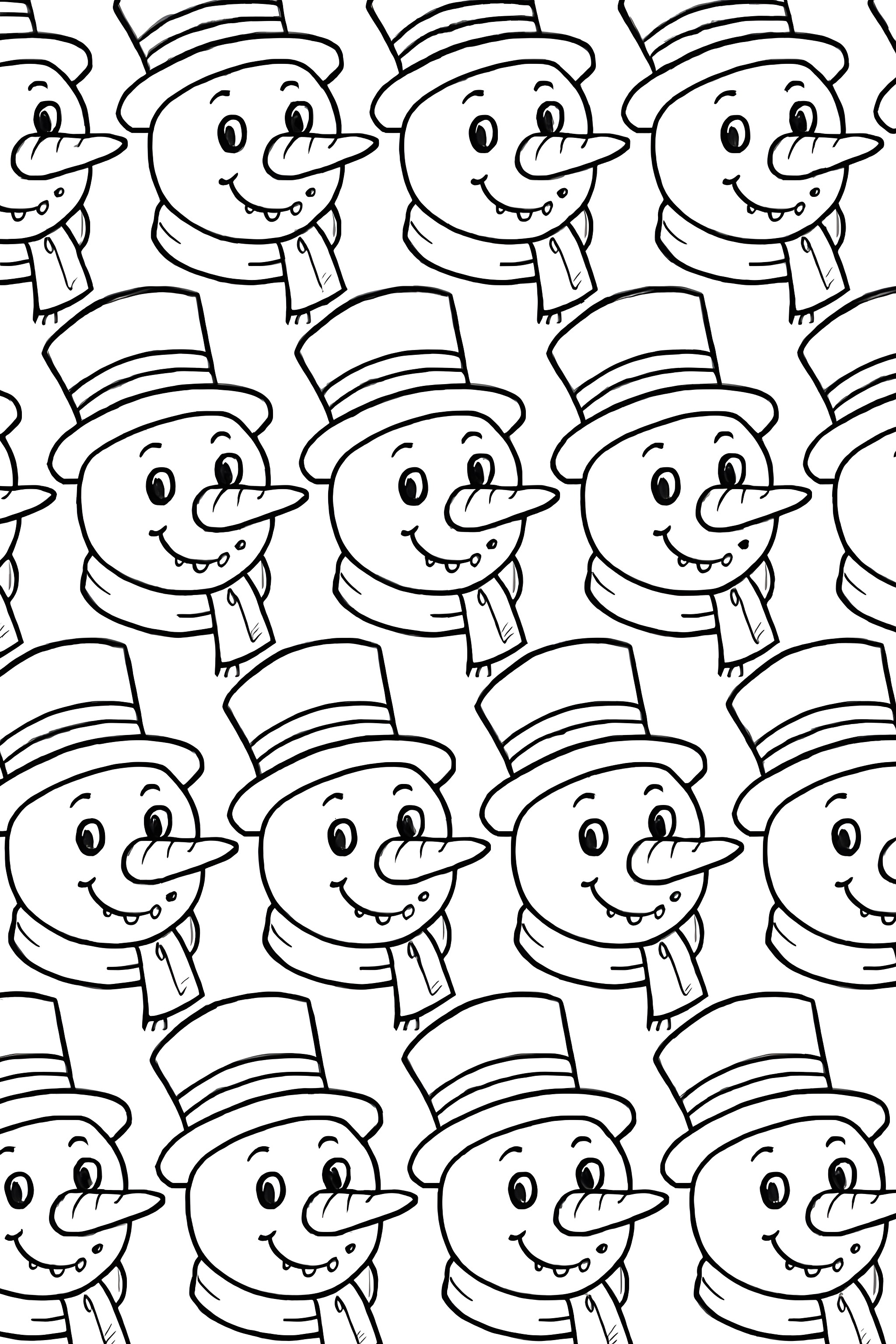 A design featuring a repeating pattern of snowman faces wearing hats and scarves, with cheerful expressions