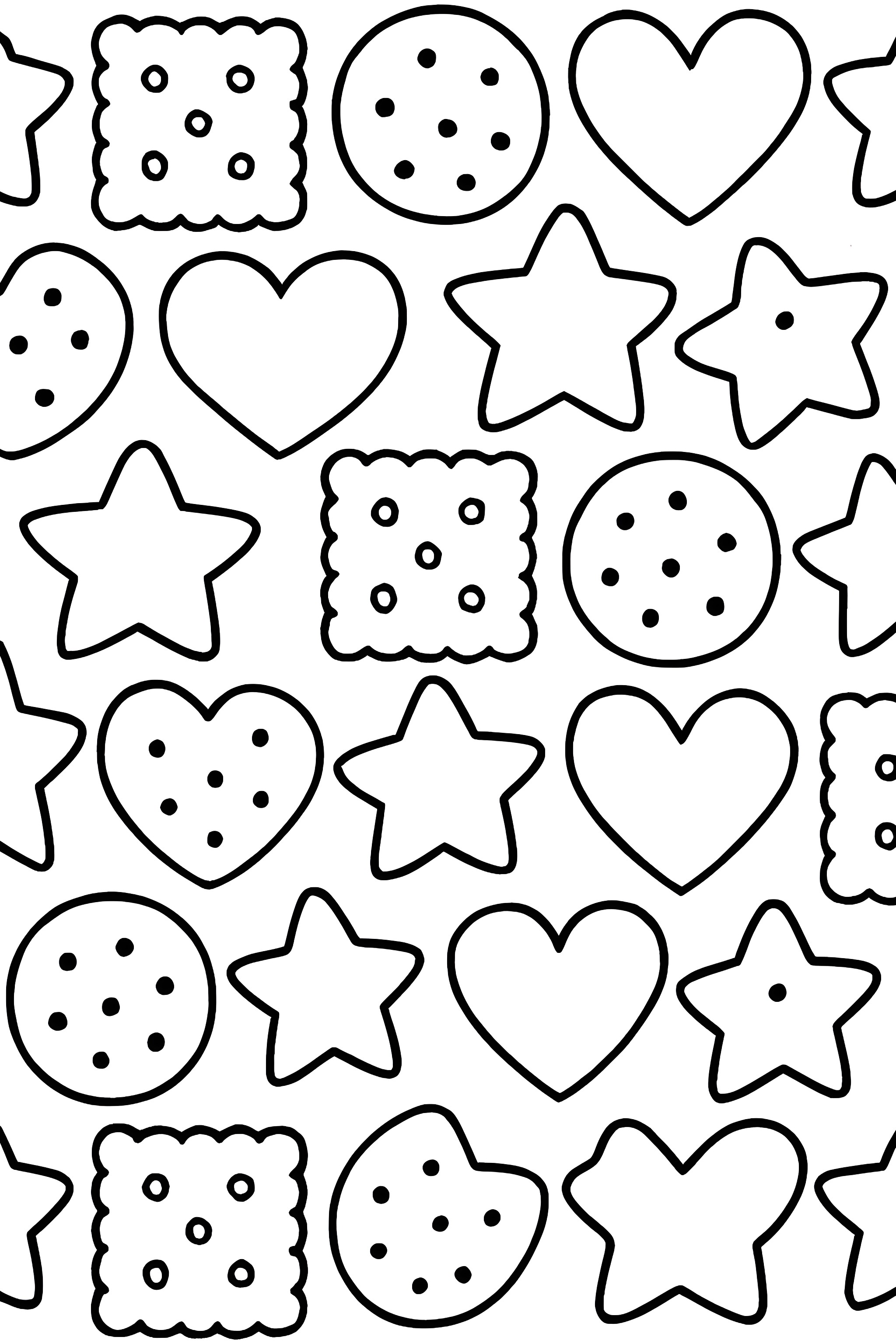 Coloring page featuring various cookie shapes including hearts, stars, and circles in a repeating tile pattern.