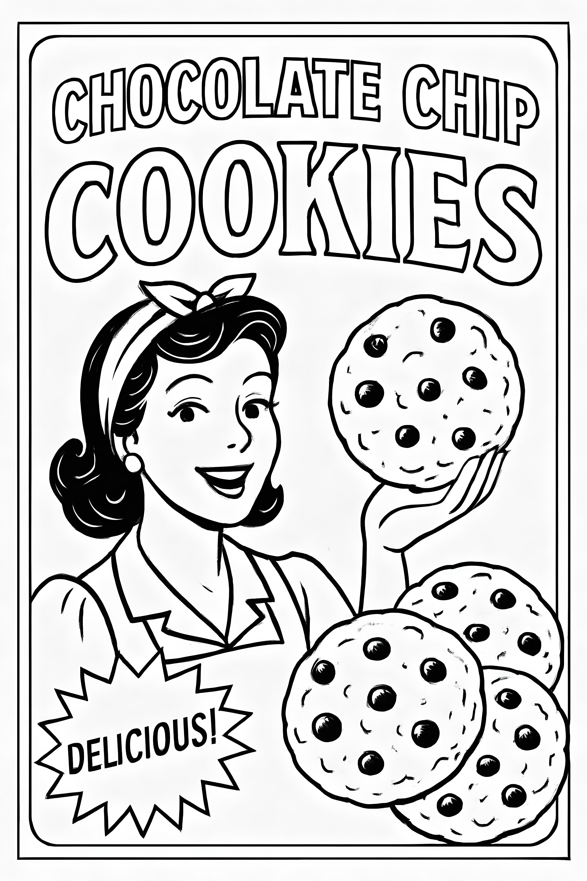 Coloring page featuring a woman holding chocolate chip cookies with a retro advertisement design