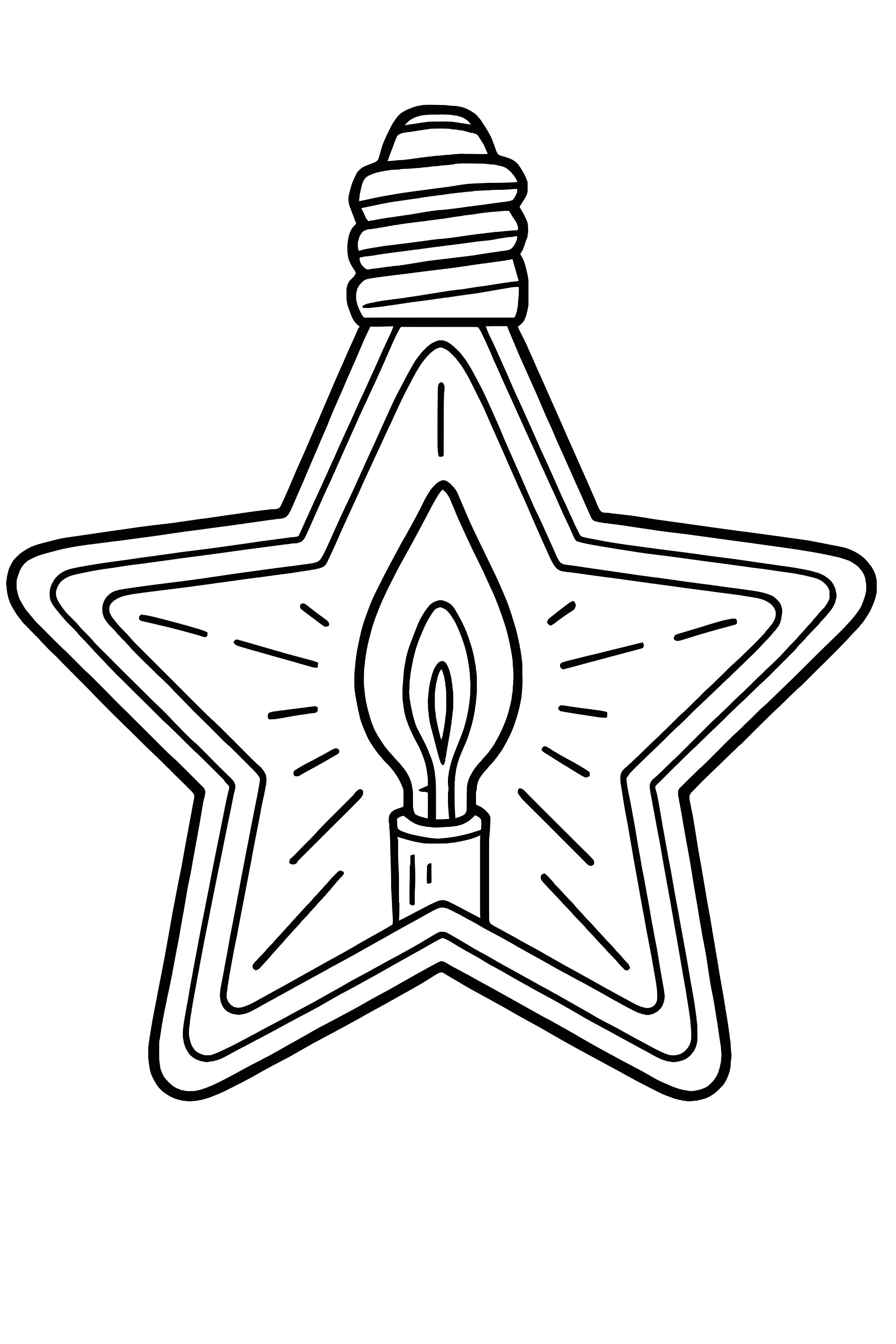 Coloring page of a retro star-shaped Christmas bulb with a candle and decorative lines