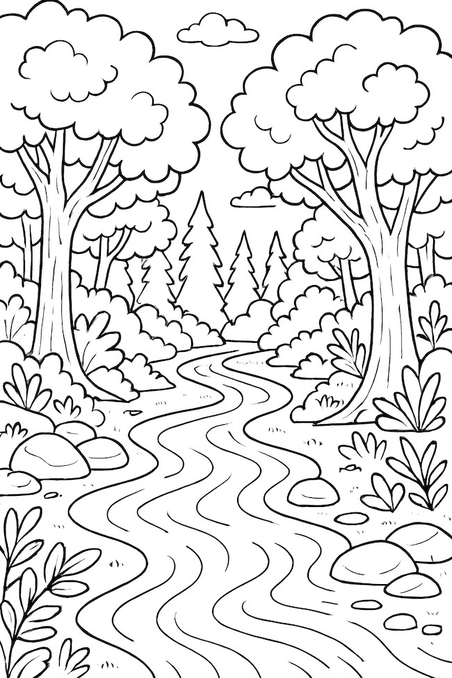 Coloring page of a winding river flowing through a dense forest with tall trees and varied vegetation