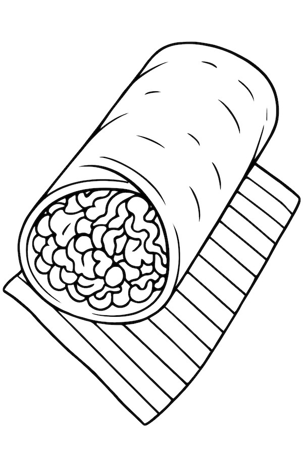 Coloring page of a rolled burrito placed on a striped napkin