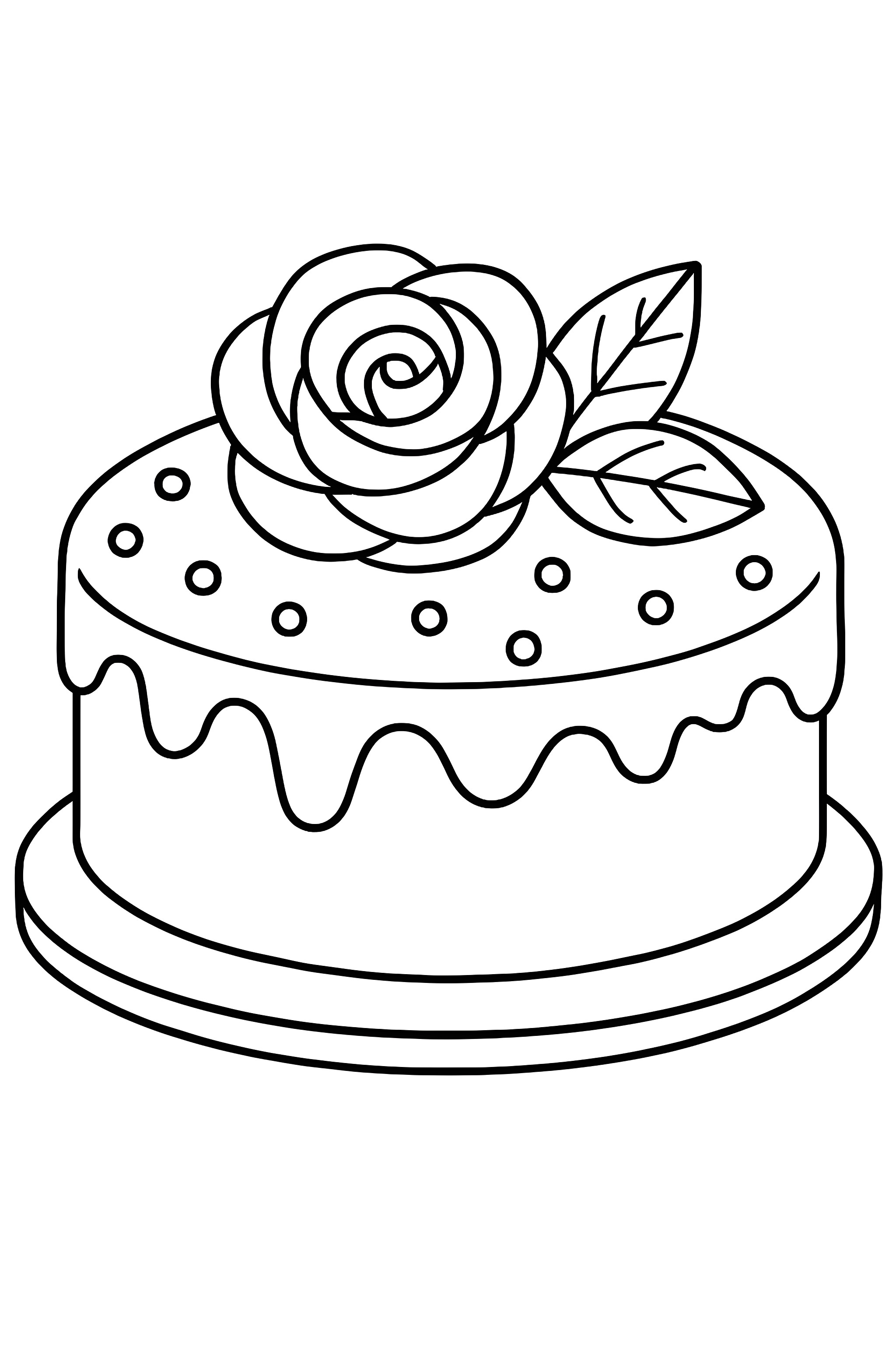 Coloring page of a round cake covered in smooth fondant, topped with a rose and decorative dots