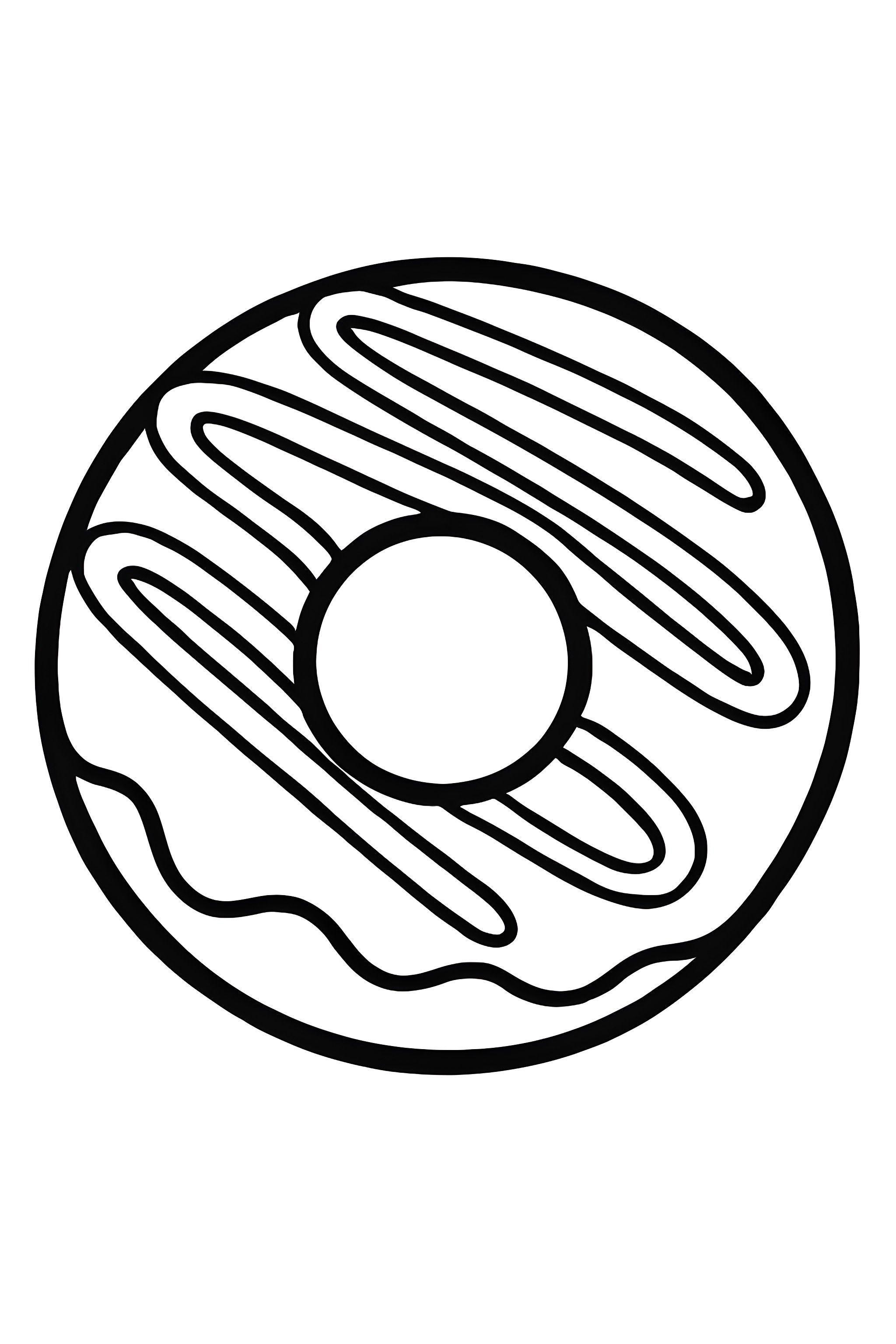 Coloring page of a perfectly round chocolate donut featuring a swirl of white drizzle on top.