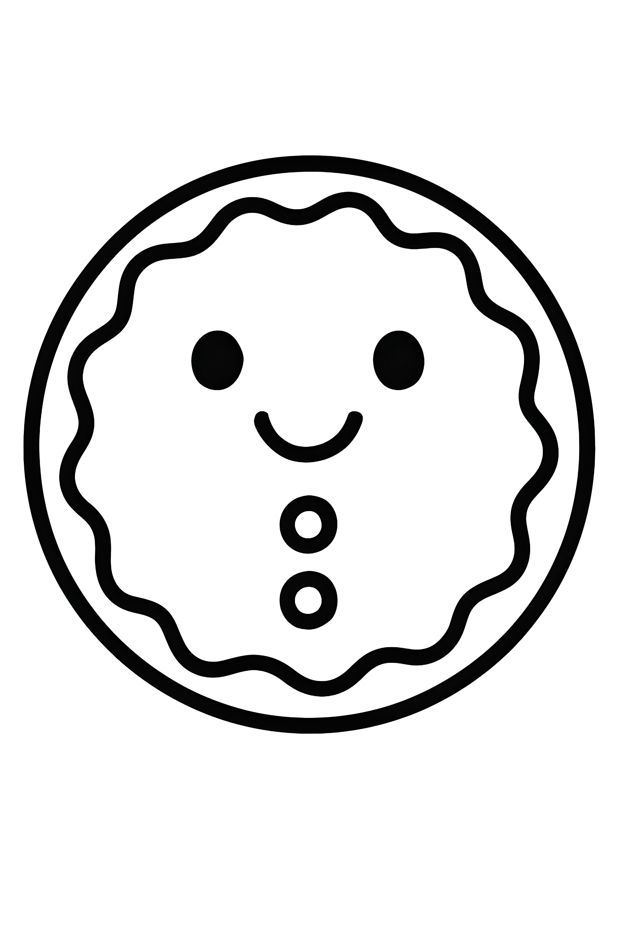 Coloring page of a round gingerbread cookie featuring icing decorations and a smiling face