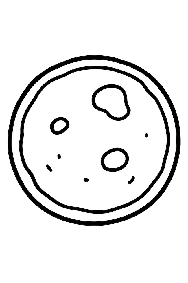 Coloring page of a perfectly round pancake viewed from above featuring distinct circular patterns and details on the surface
