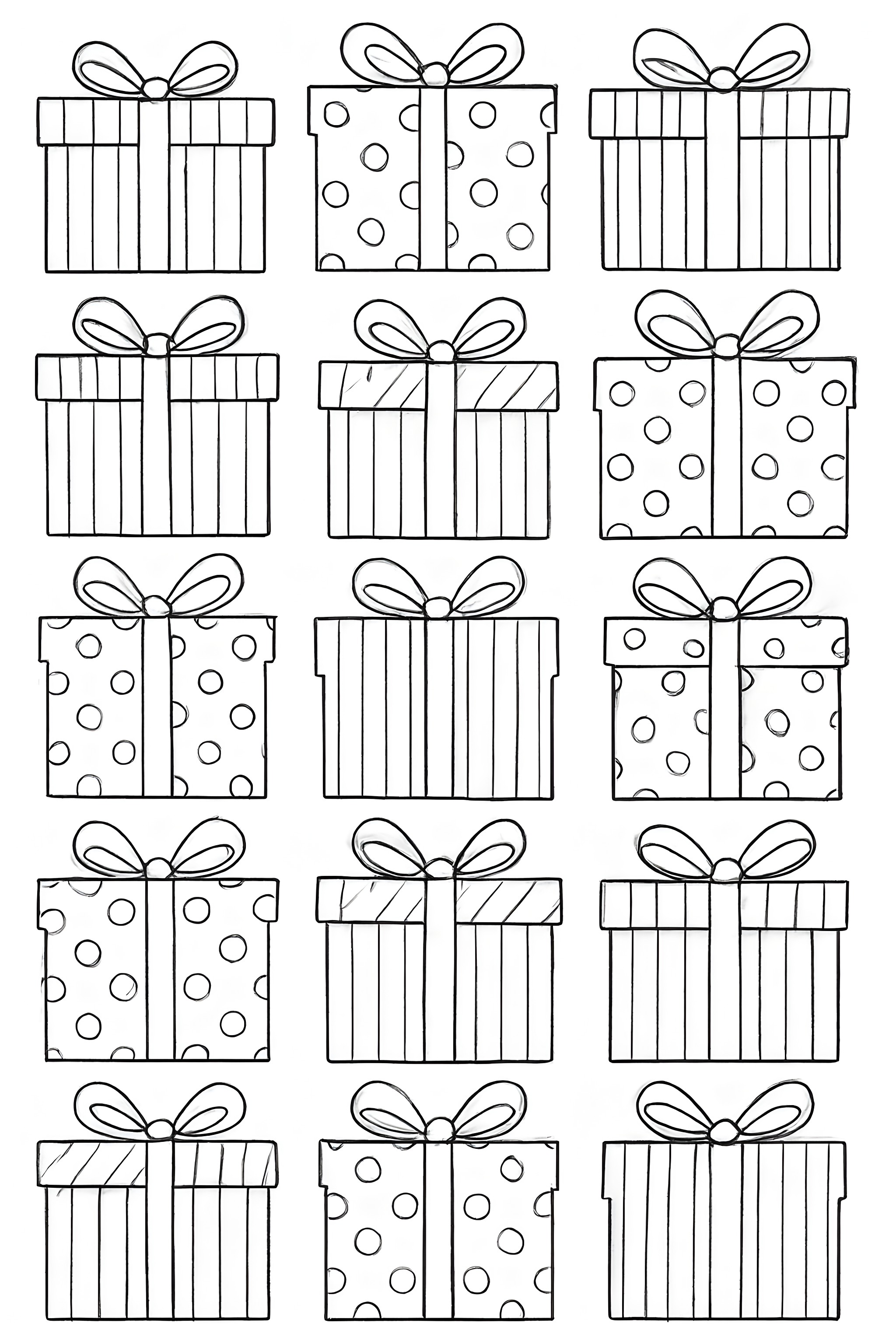 Coloring page featuring rows of gift boxes with striped and polka dot patterns, tied with bows