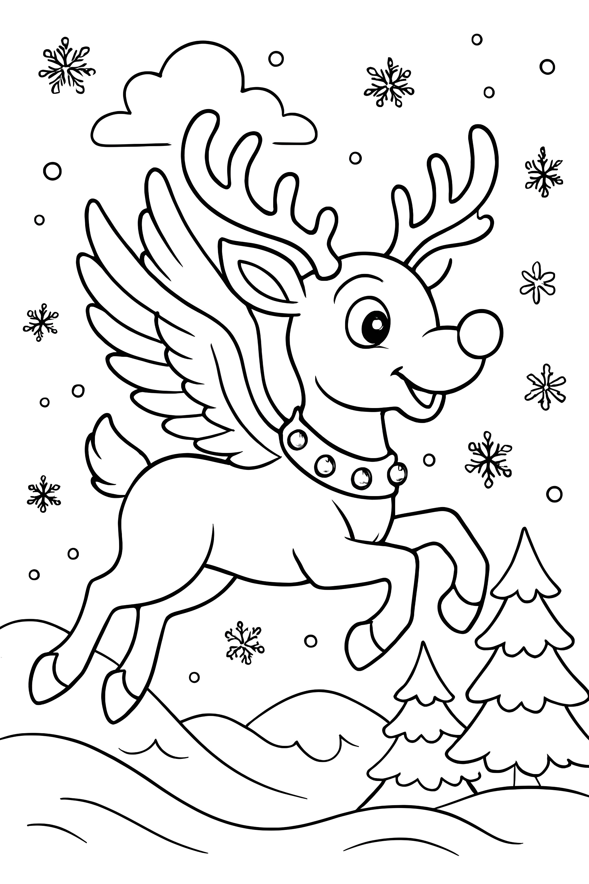 Coloring page of Rudolph the reindeer flying with wings over a snowy landscape featuring trees and snowflakes