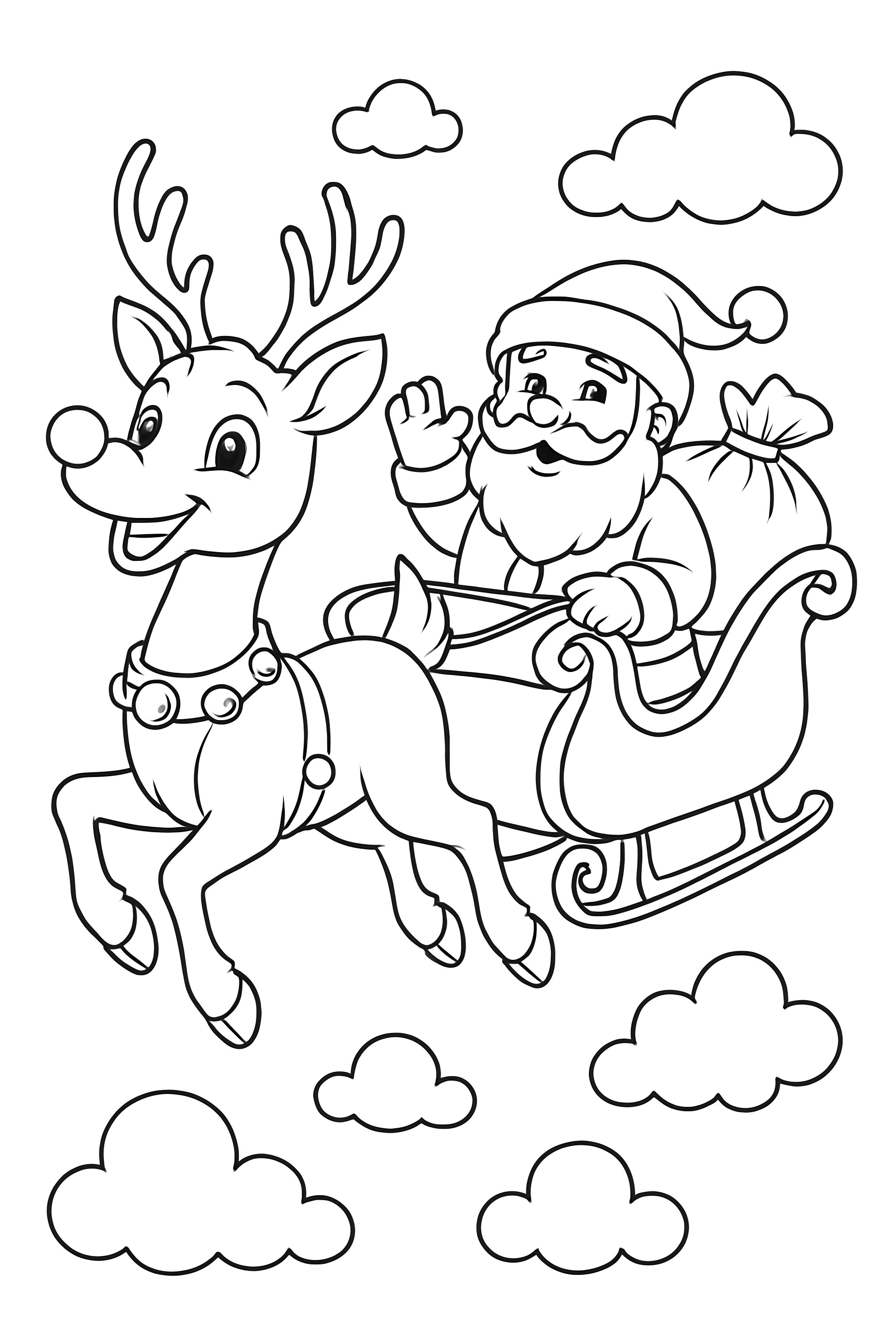 Rudolph the reindeer leading Santa's sleigh through clouds, with Santa waving and a bag of gifts in the sleigh.
