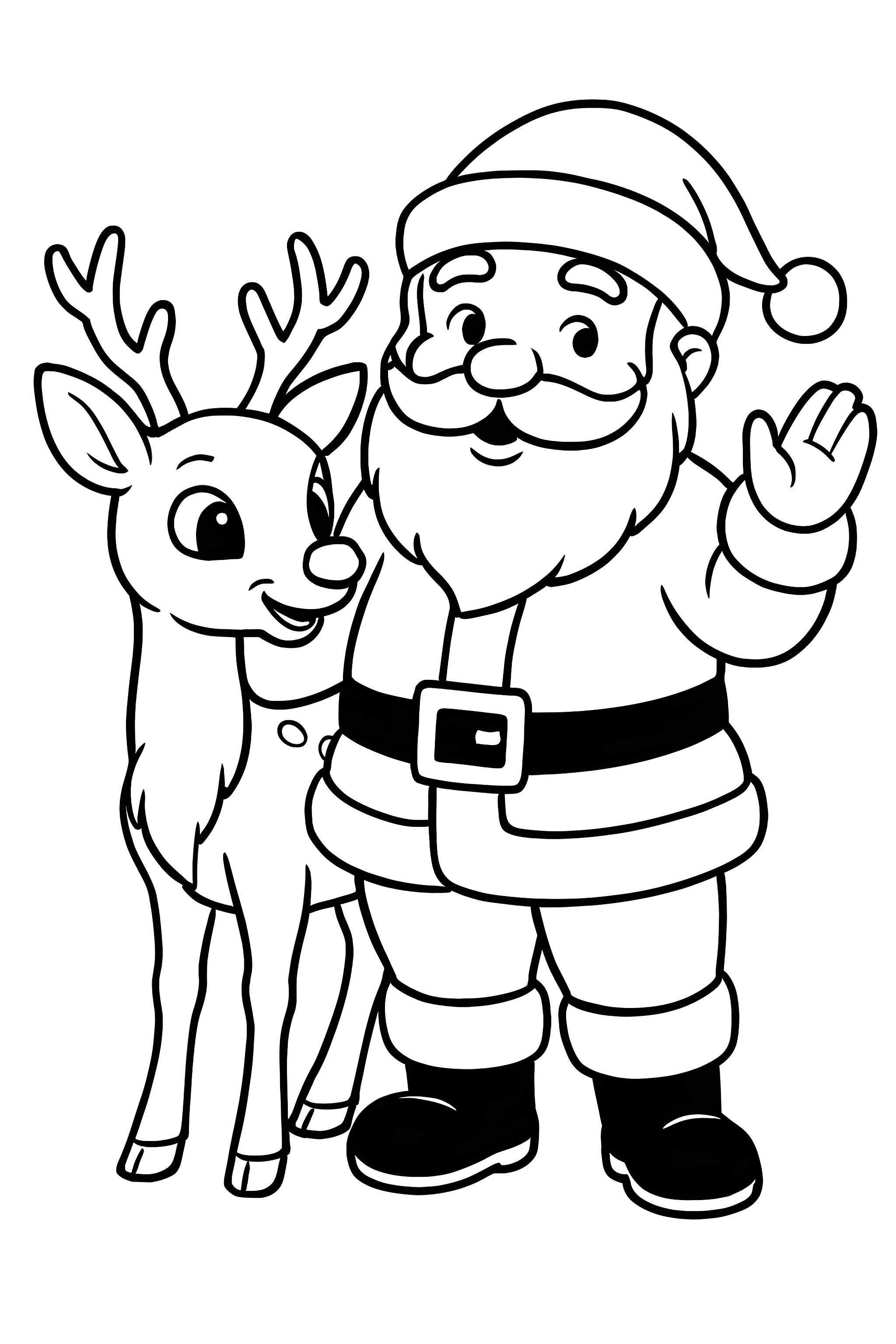 Coloring page of Santa Claus standing beside Rudolph the reindeer, both smiling, with Santa waving and wearing his traditional outfit