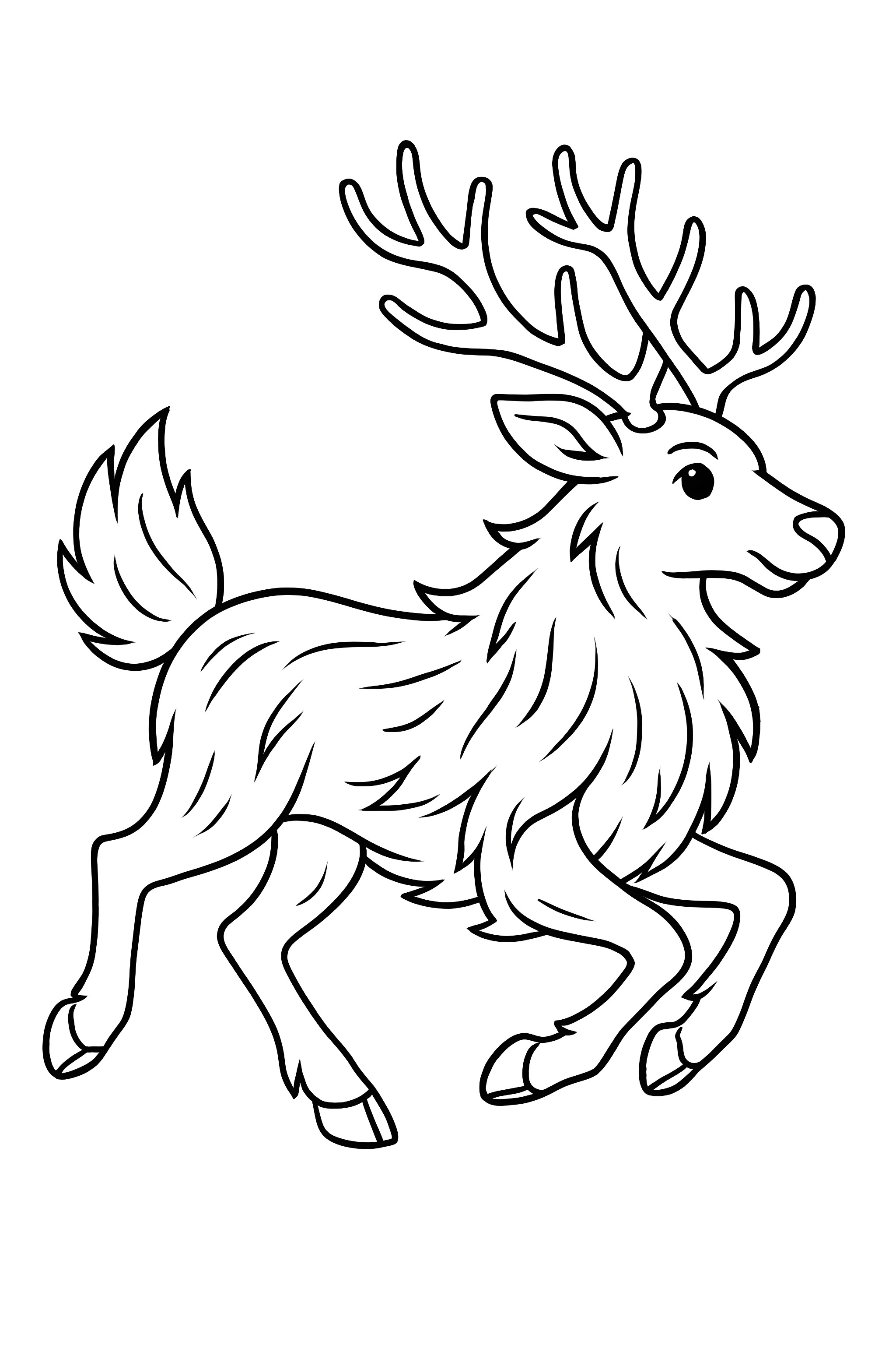 A reindeer running, with detailed flowing fur and antlers, showcasing its dynamic movement.